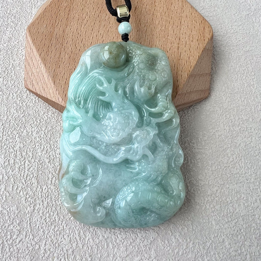 Celestial Dragon Jade Orb Pendant, Green Jadeite Jade Dragon Hand Carved Pendant, YJ-0522-0395642