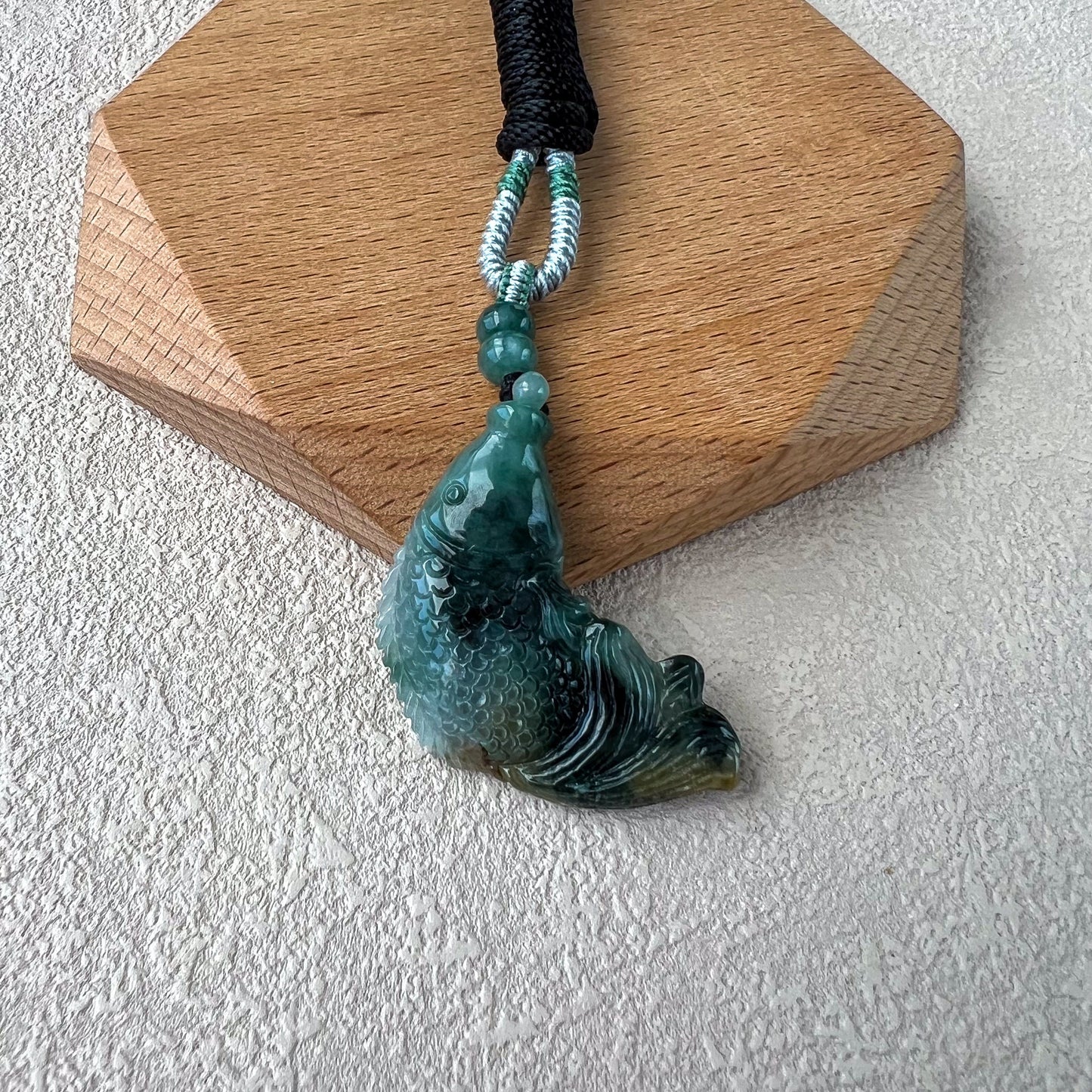 Dark Green Jadeite Jade Fish Necklace, Hand Carved Pendant Necklace, WMC-0223-0002960