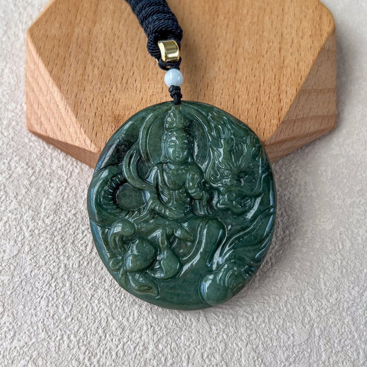 Jadeite Jade Guan Yin Kwan Yin Protected by Dragon Avalokitesvara Semi-Translucent Carved Pendant Necklace, YJ-0522-0371848