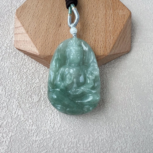 Jadeite Jade Guan Yin Avalokiteshvara, Quan Am, Light Green Jade, Hand Carved Jade Pendant Necklace, YJ-0522-0371824