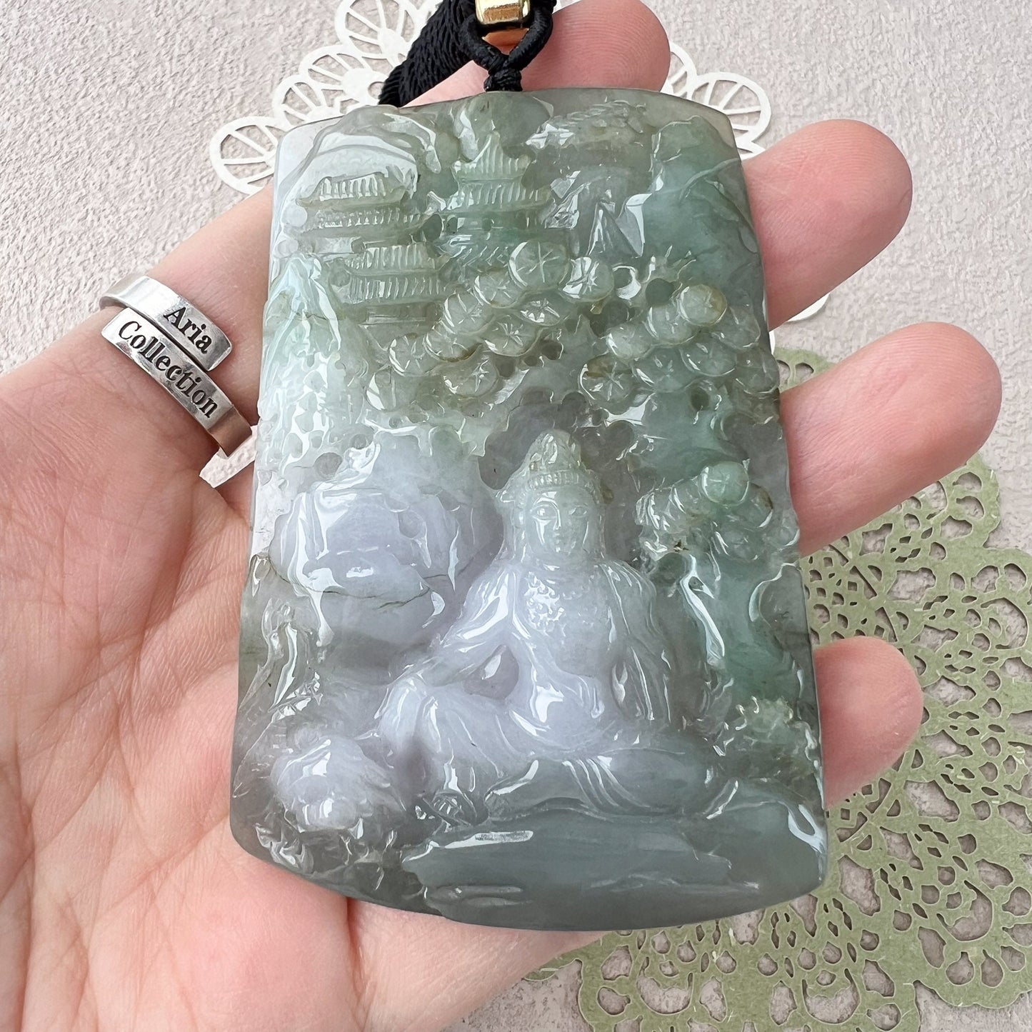 Tranquil Guan Yin Landscape Pendant, Large Jadeite Jade Guan Yin Mountain Landscape Avalokiteshvara Hand Carved Necklace,  YJ-0422-0393510