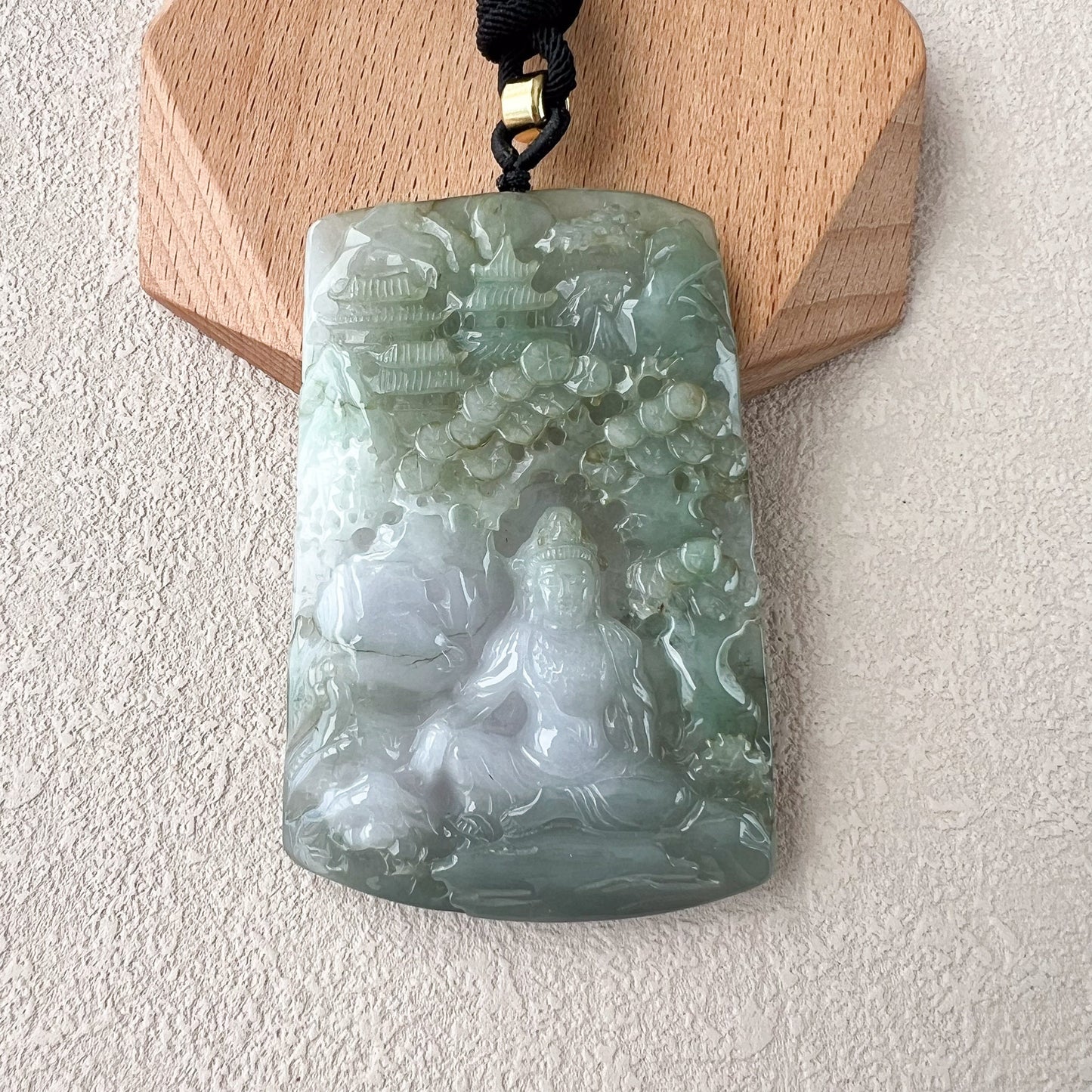 Tranquil Guan Yin Landscape Pendant, Large Jadeite Jade Guan Yin Mountain Landscape Avalokiteshvara Hand Carved Necklace,  YJ-0422-0393510