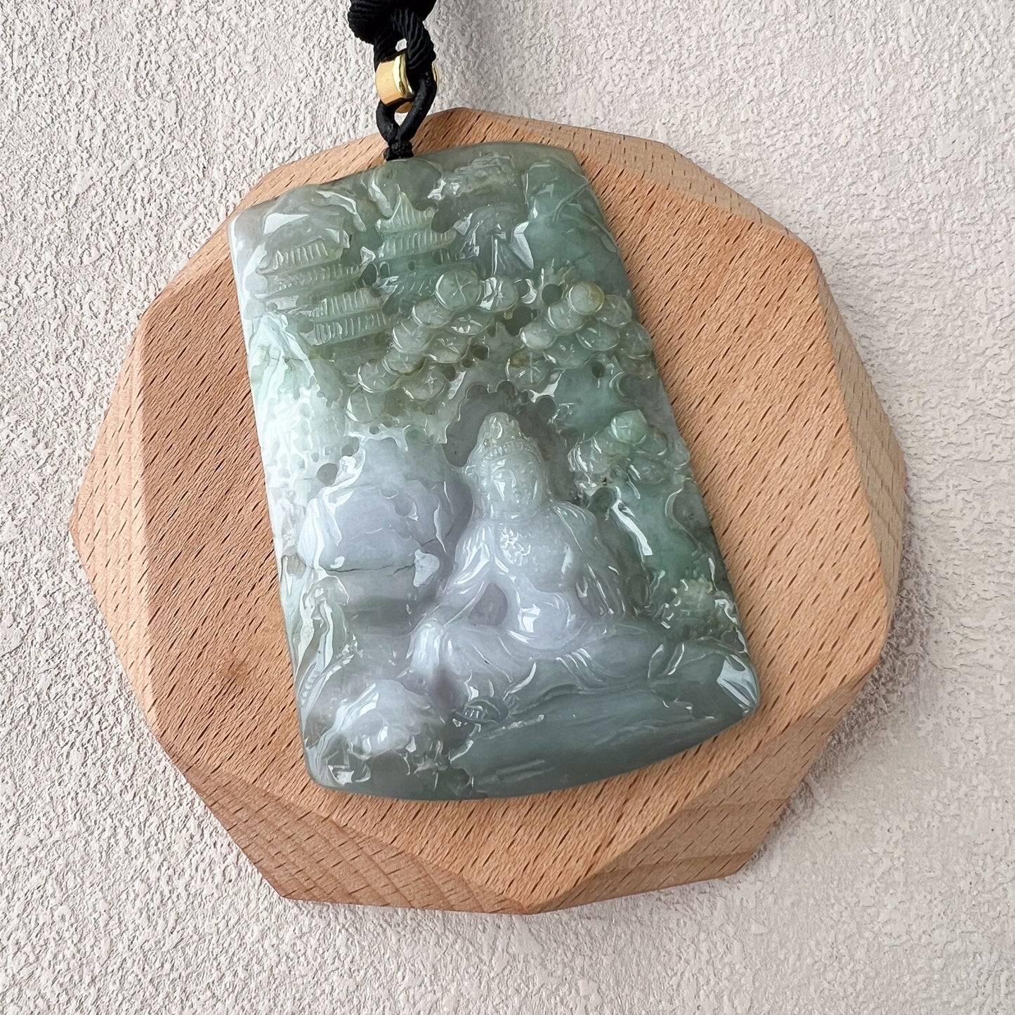 Tranquil Guan Yin Landscape Pendant, Large Jadeite Jade Guan Yin Mountain Landscape Avalokiteshvara Hand Carved Necklace,  YJ-0422-0393510