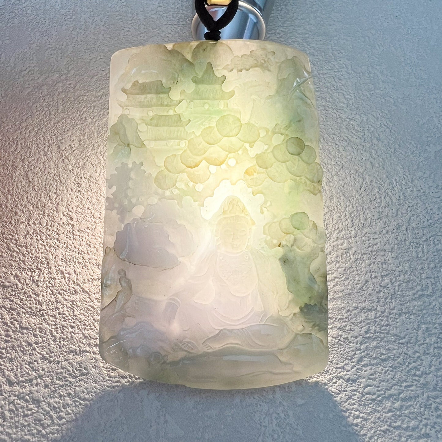 Tranquil Guan Yin Landscape Pendant, Large Jadeite Jade Guan Yin Mountain Landscape Avalokiteshvara Hand Carved Necklace,  YJ-0422-0393510