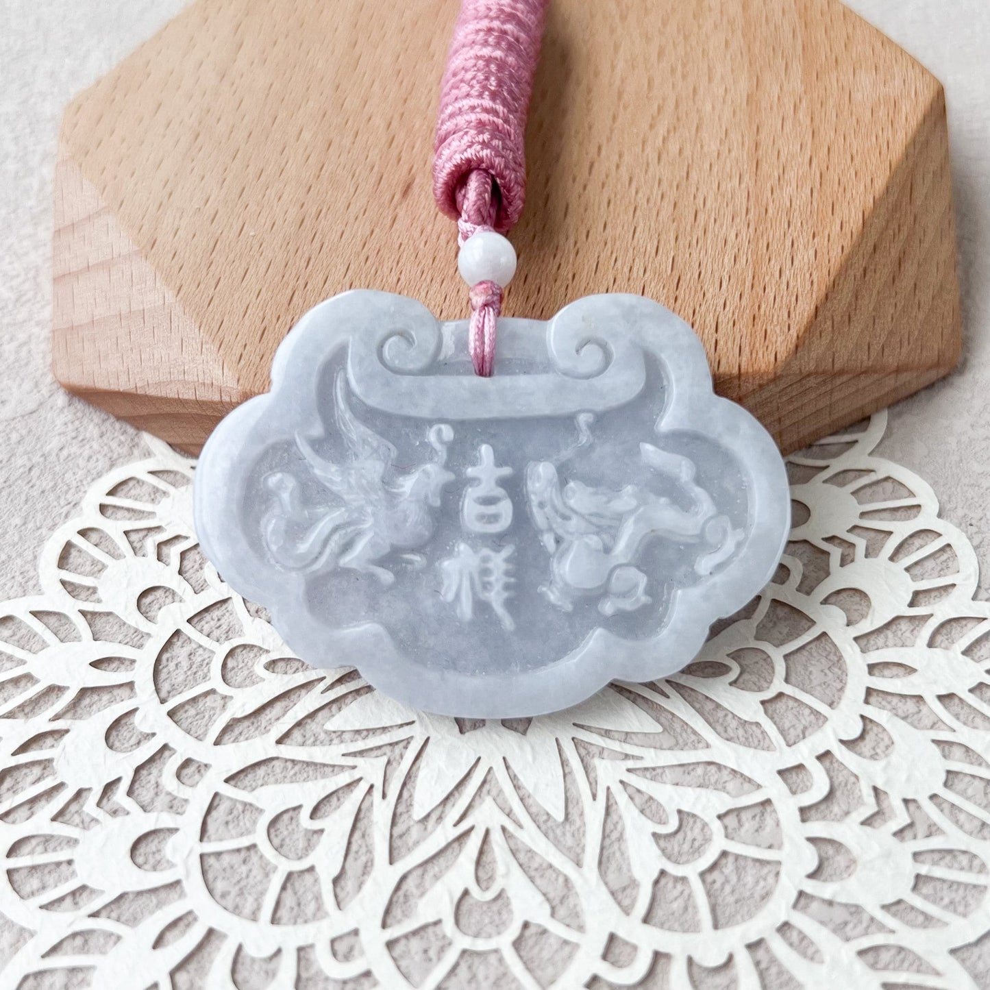 Light Lavender Purple Jadeite Jade Longevity Lock, 长命锁, Hand Carved Necklace, YW-0110-1715541169