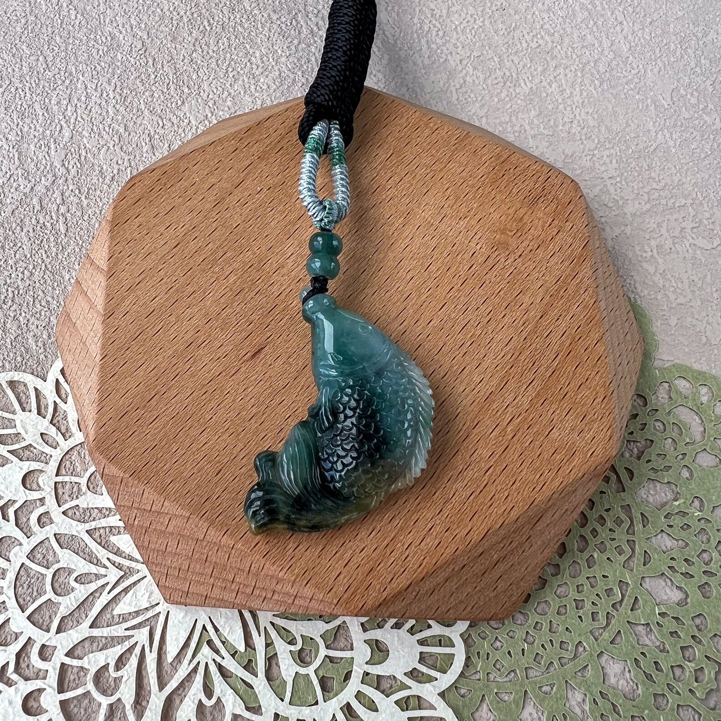 Dark Green Jadeite Jade Fish Necklace, Hand Carved Pendant Necklace, WMC-0223-0002960