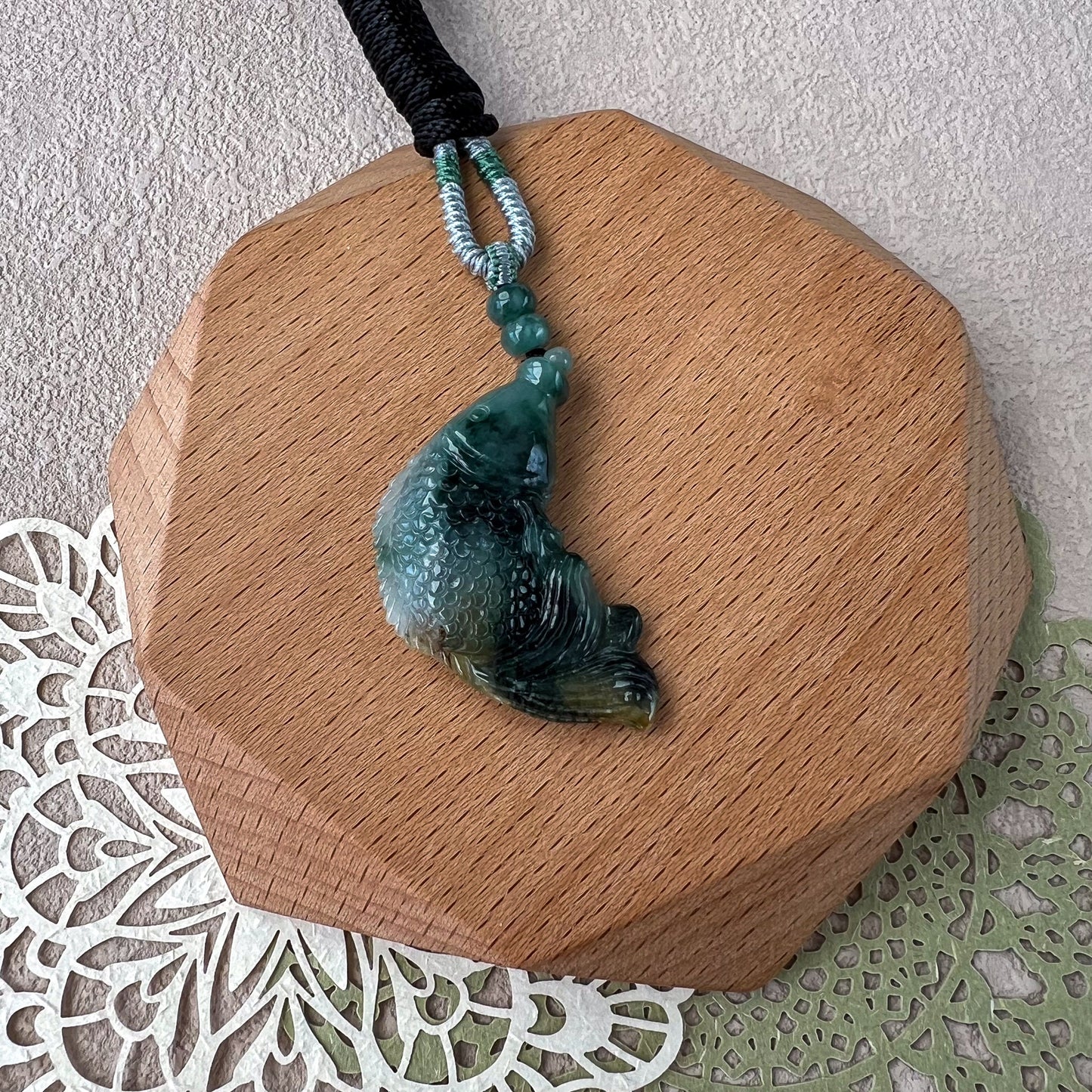 Dark Green Jadeite Jade Fish Necklace, Hand Carved Pendant Necklace, WMC-0223-0002960