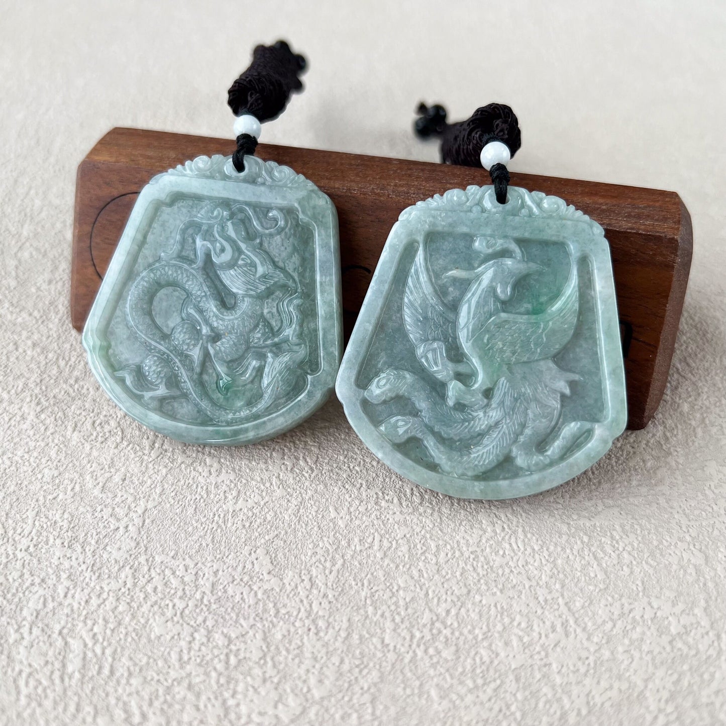 Dragon and Phoenix Harmony Pendants, Couple Green Jadeite Jade Dragon Phoenix Love Necklace, YJ-0422-0401965