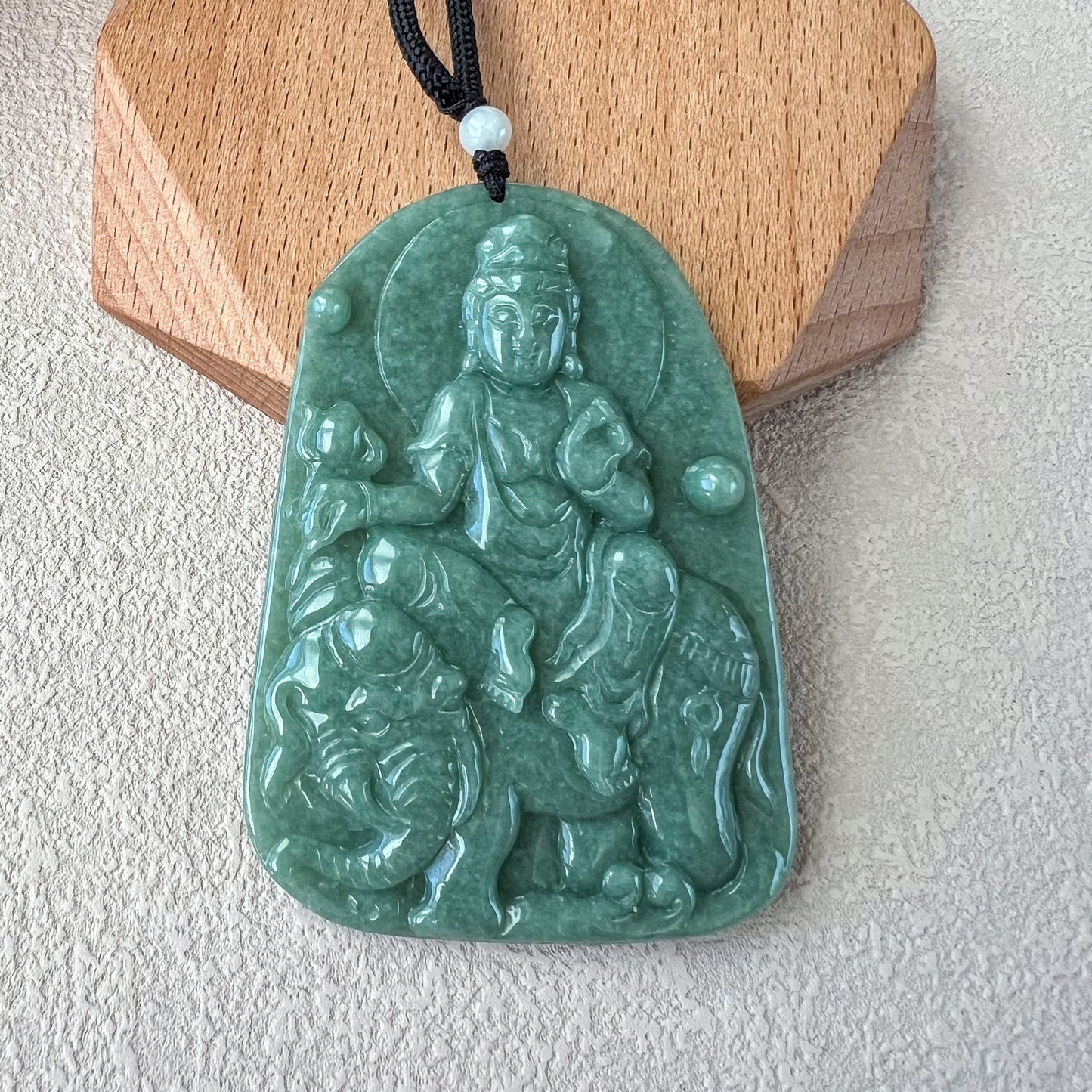 Green Jadeite Jade Samantabhadra Buddha Pendant, Pu Xian, Phổ Hiền Bồ Tát, Buddha with elephant,普贤 Pendant Necklace, YJ-0422-0330258