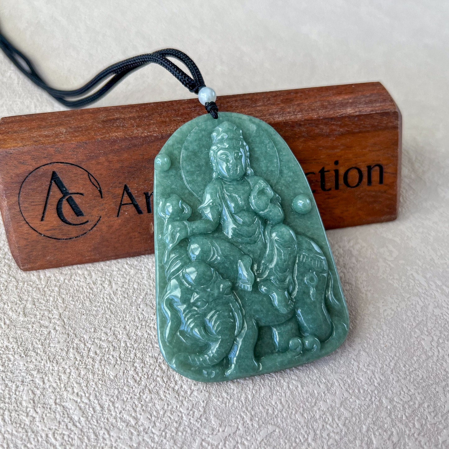 Green Jadeite Jade Samantabhadra Buddha Pendant, Pu Xian, Phổ Hiền Bồ Tát, Buddha with elephant,普贤 Pendant Necklace, YJ-0422-0330258