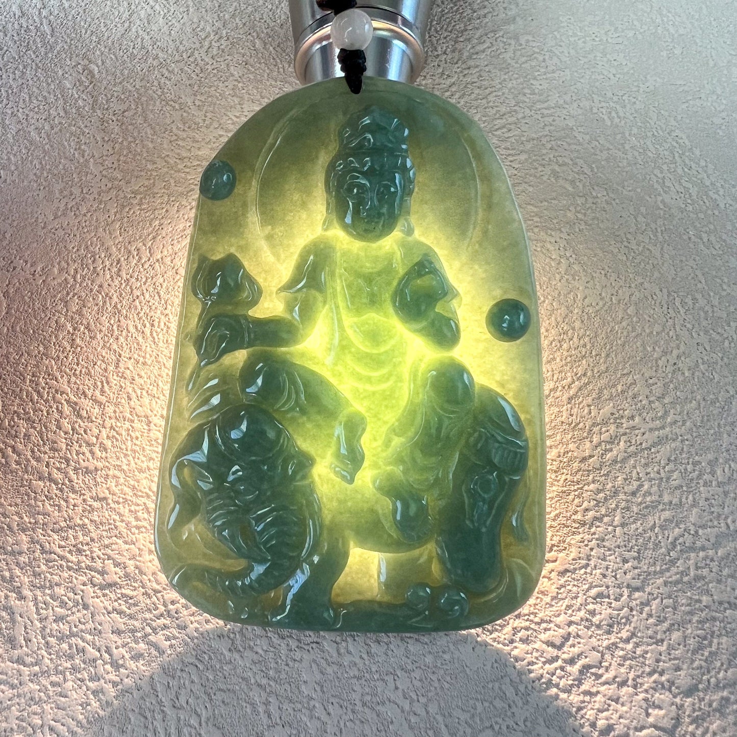 Green Jadeite Jade Samantabhadra Buddha Pendant, Pu Xian, Phổ Hiền Bồ Tát, Buddha with elephant,普贤 Pendant Necklace, YJ-0422-0330258