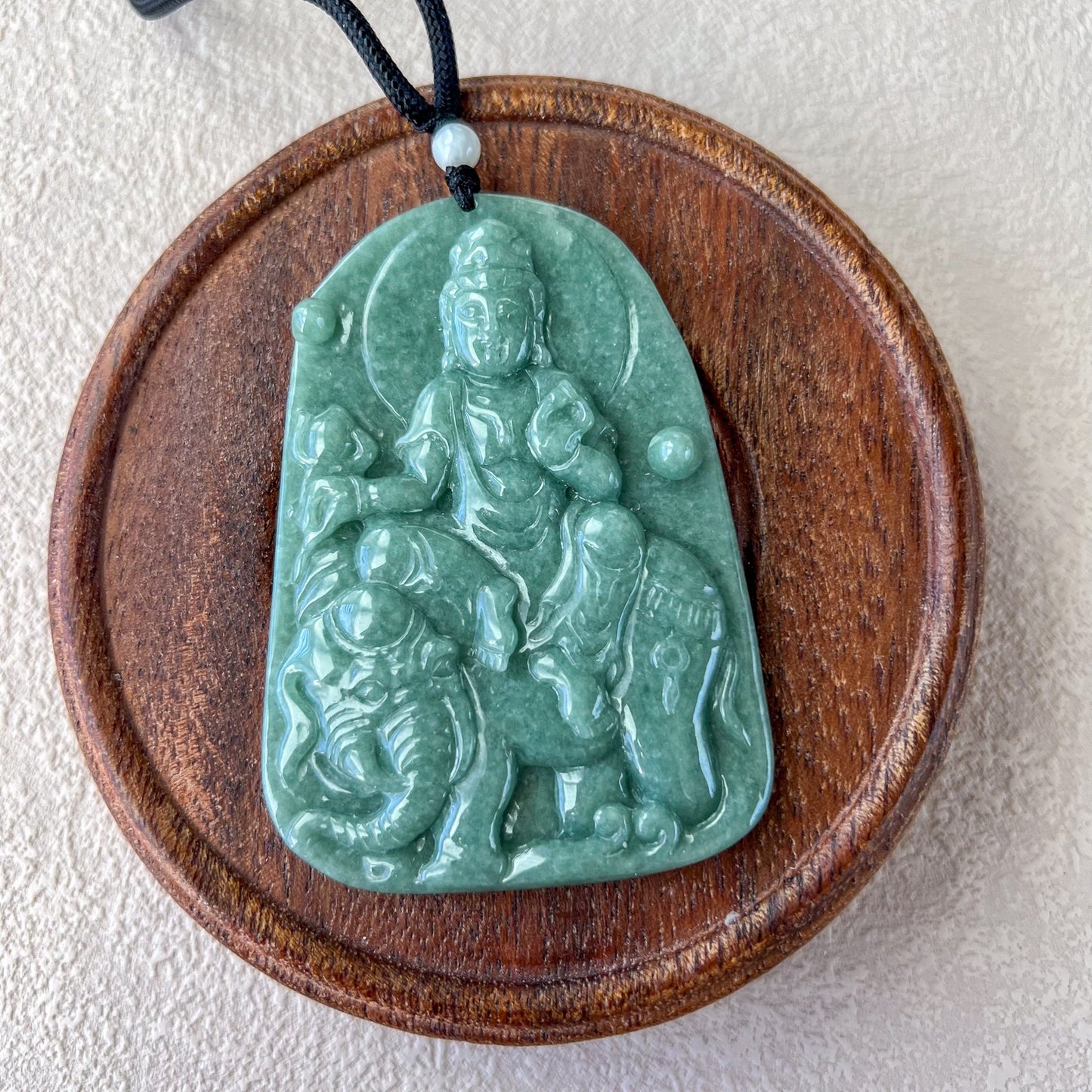 Green Jadeite Jade Samantabhadra Buddha Pendant, Pu Xian, Phổ Hiền Bồ Tát, Buddha with elephant,普贤 Pendant Necklace, YJ-0422-0330258