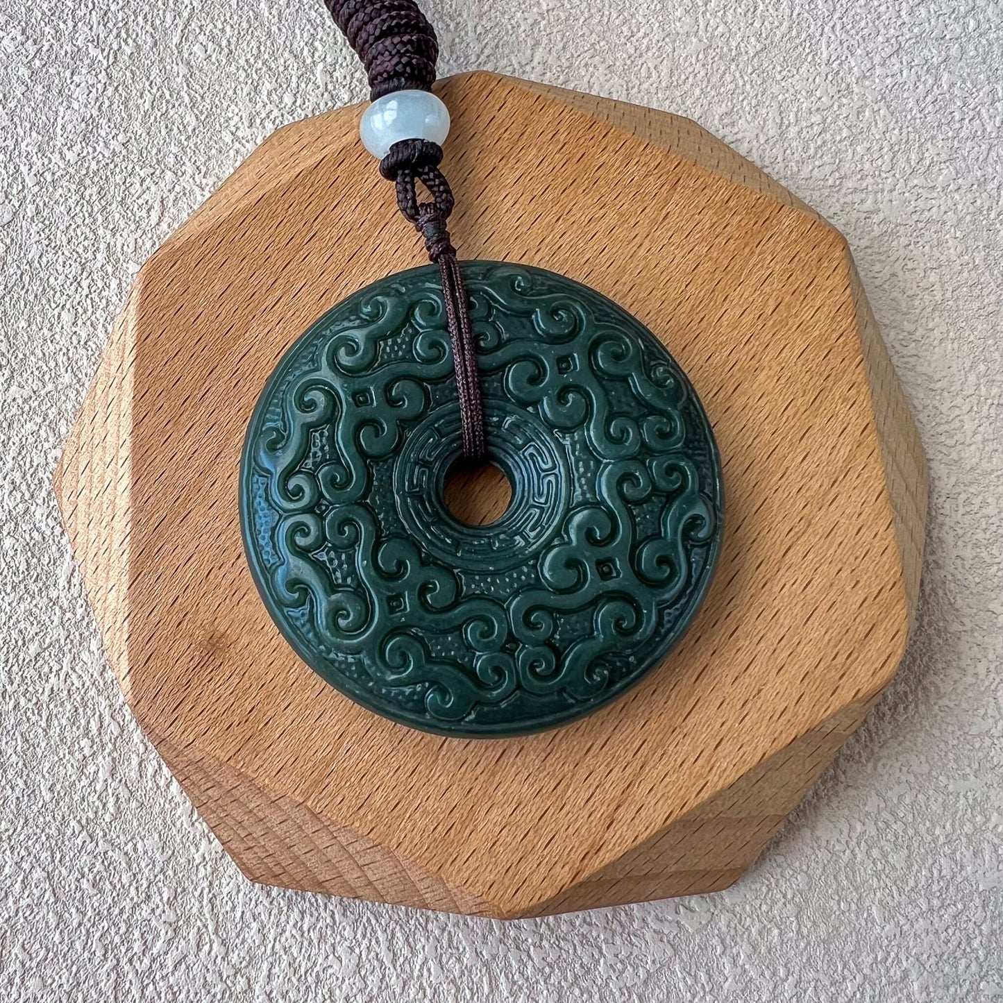 Large Dark Green Nephrite Jade Antique Circle Donut Minimalist Carved Necklace, SY-0722-1718638304