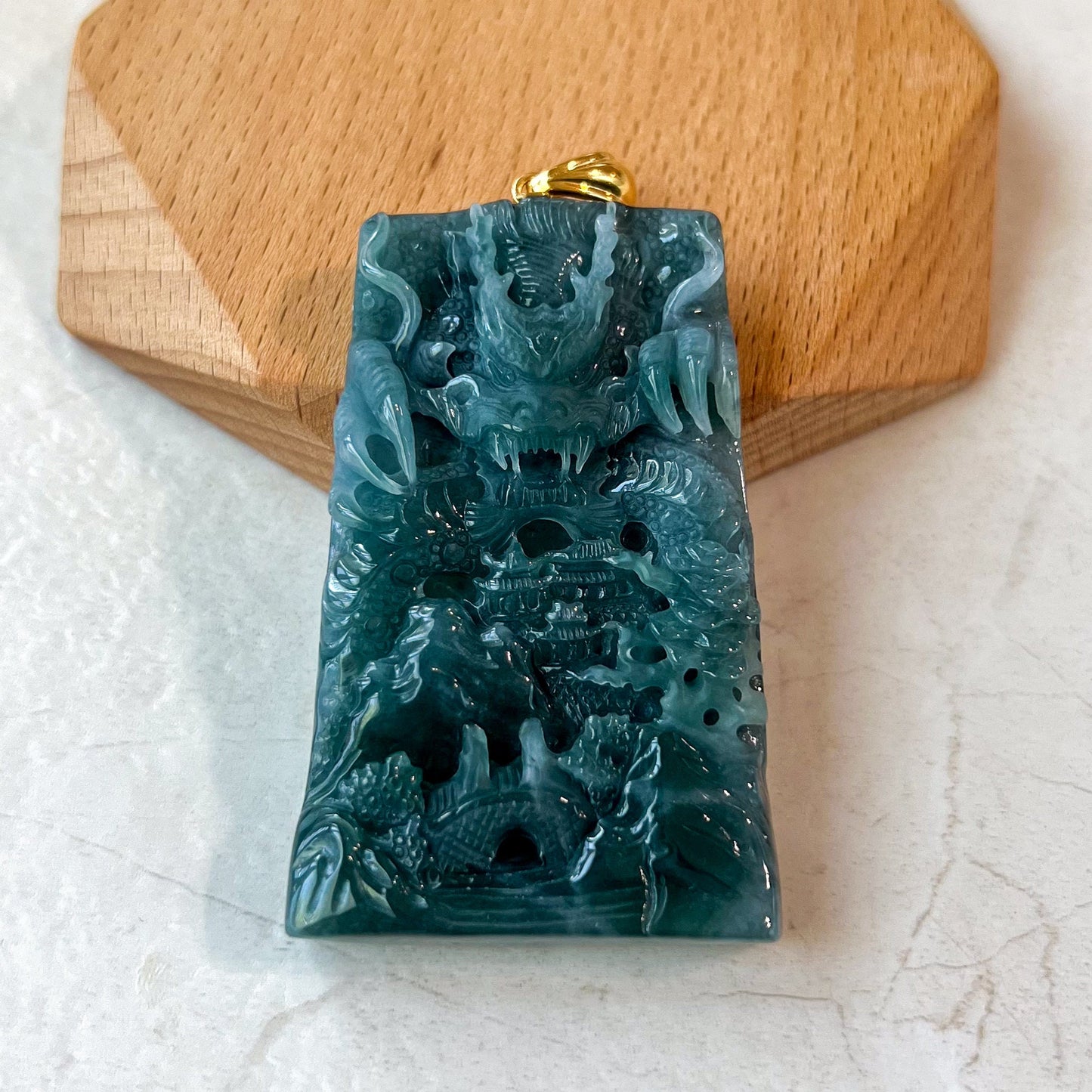 Celestial Dragon Landscape Pendant, Green Jadeite Jade Dragon Hand Carved Pendant with 18K Gold, EAS-0424-1718675081