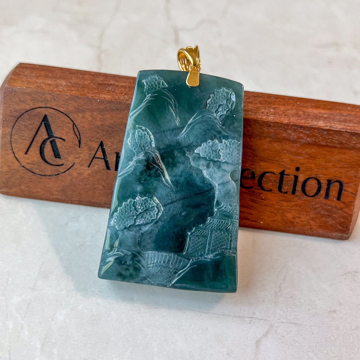 Celestial Dragon Landscape Pendant, Green Jadeite Jade Dragon Hand Carved Pendant with 18K Gold, EAS-0424-1718675081