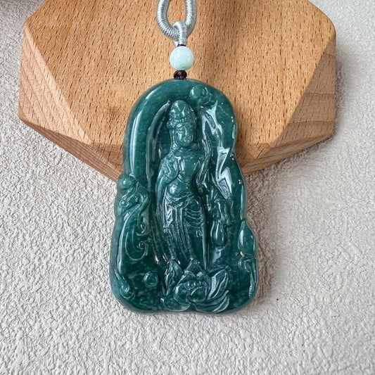 Jadeite Jade Standing Guan Yin Avalokiteshvara Carved Pendant Necklace, Quan Am, HC-0223-0005367