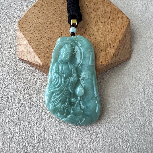 Green Jadeite Jade Guan Yin Avalokiteshvara, 观音, Hand Carved Pendant Necklace, YJ-0522-0371778