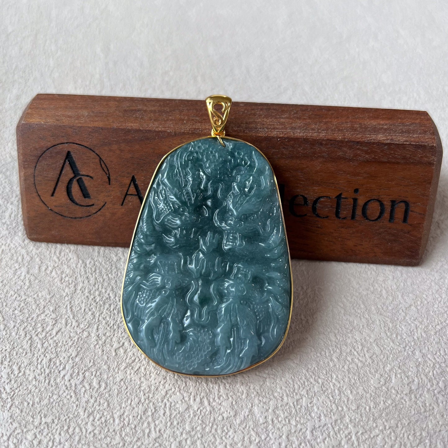 Green 9 Nine Dragon Jadeite Jade with 18K Solid Gold Frame Pendant, Dual Sided Carved Pendant, NVN-0324-1719700165