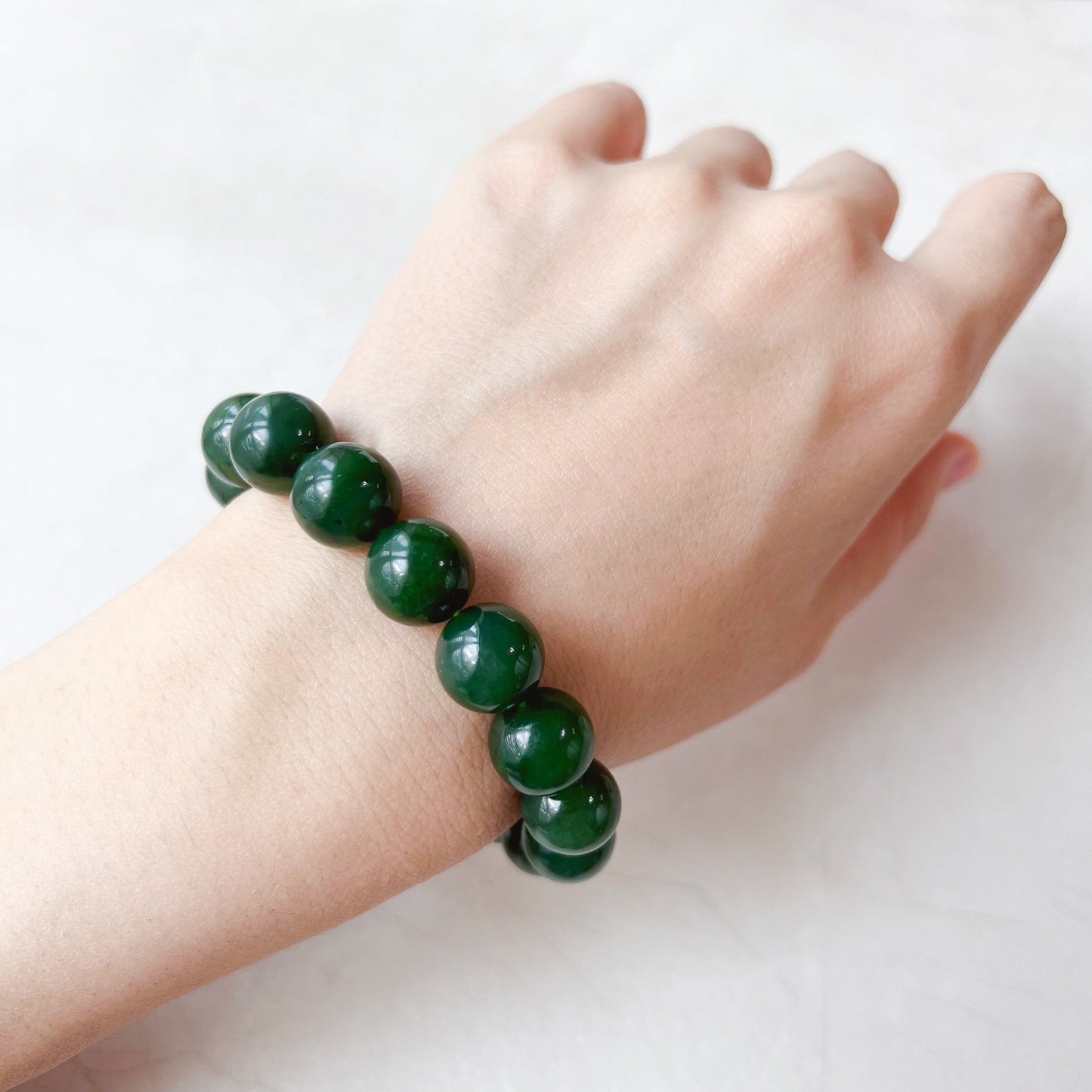 12 mm Green Nephrite Jade Round Beaded Bracelet, JJJ-0322-1719970739