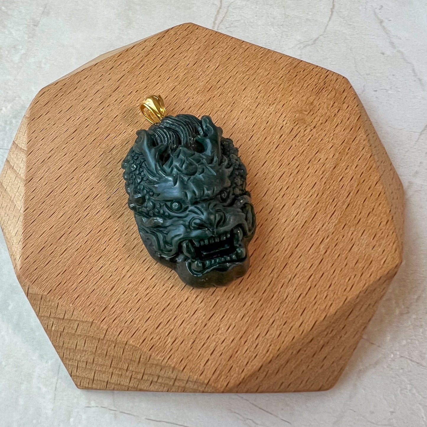 Shadow Dragon Head Pendant, Style 1, Dark Green Dragon Head, Jadeite Jade Hand Carved Pendant with 18K Solid Gold Bail, VIC-0424-1719972537