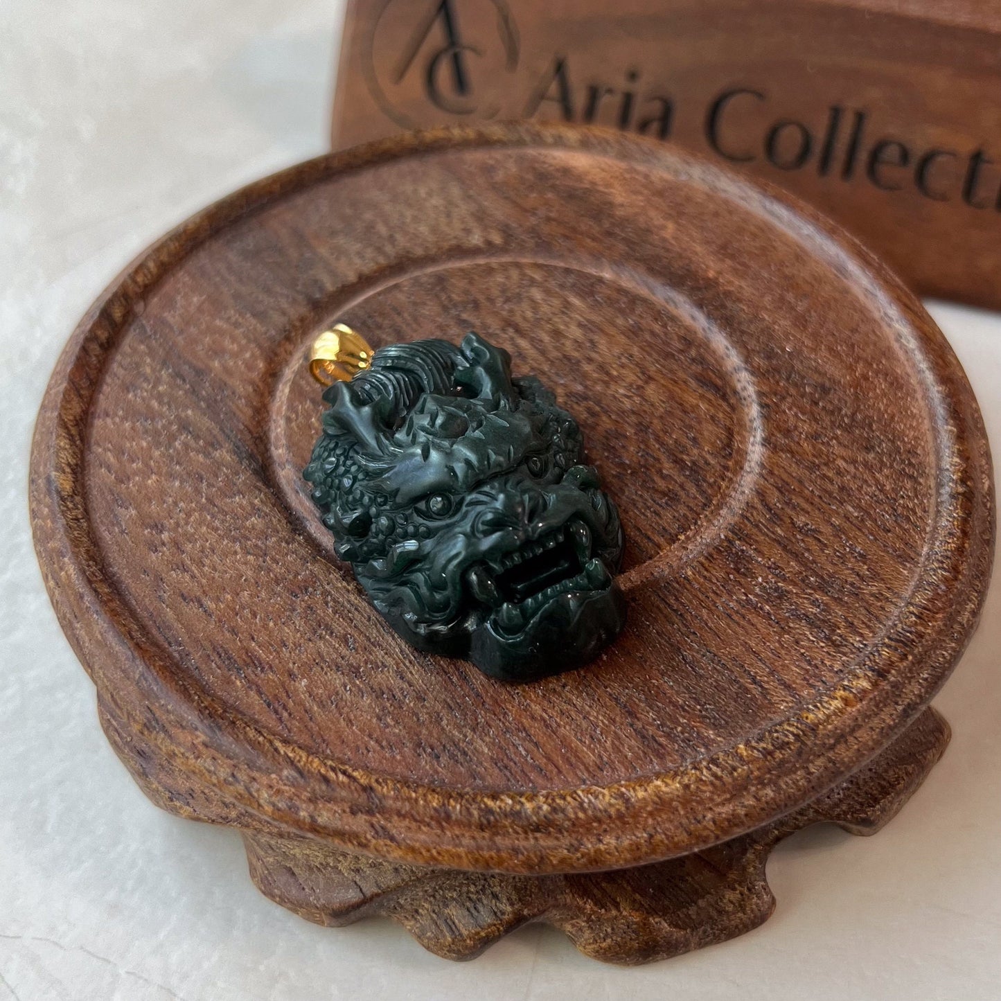 Shadow Dragon Head Pendant, Style 1, Dark Green Dragon Head, Jadeite Jade Hand Carved Pendant with 18K Solid Gold Bail, VIC-0424-1719972537