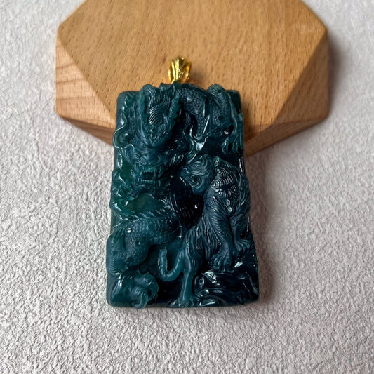 Guardian Dragon and Tiger Jade Pendant, Landscape Pendant, Green Jadeite Jade Dragon Hand Carved Pendant with 18K Gold, EAS-0424-1720196433