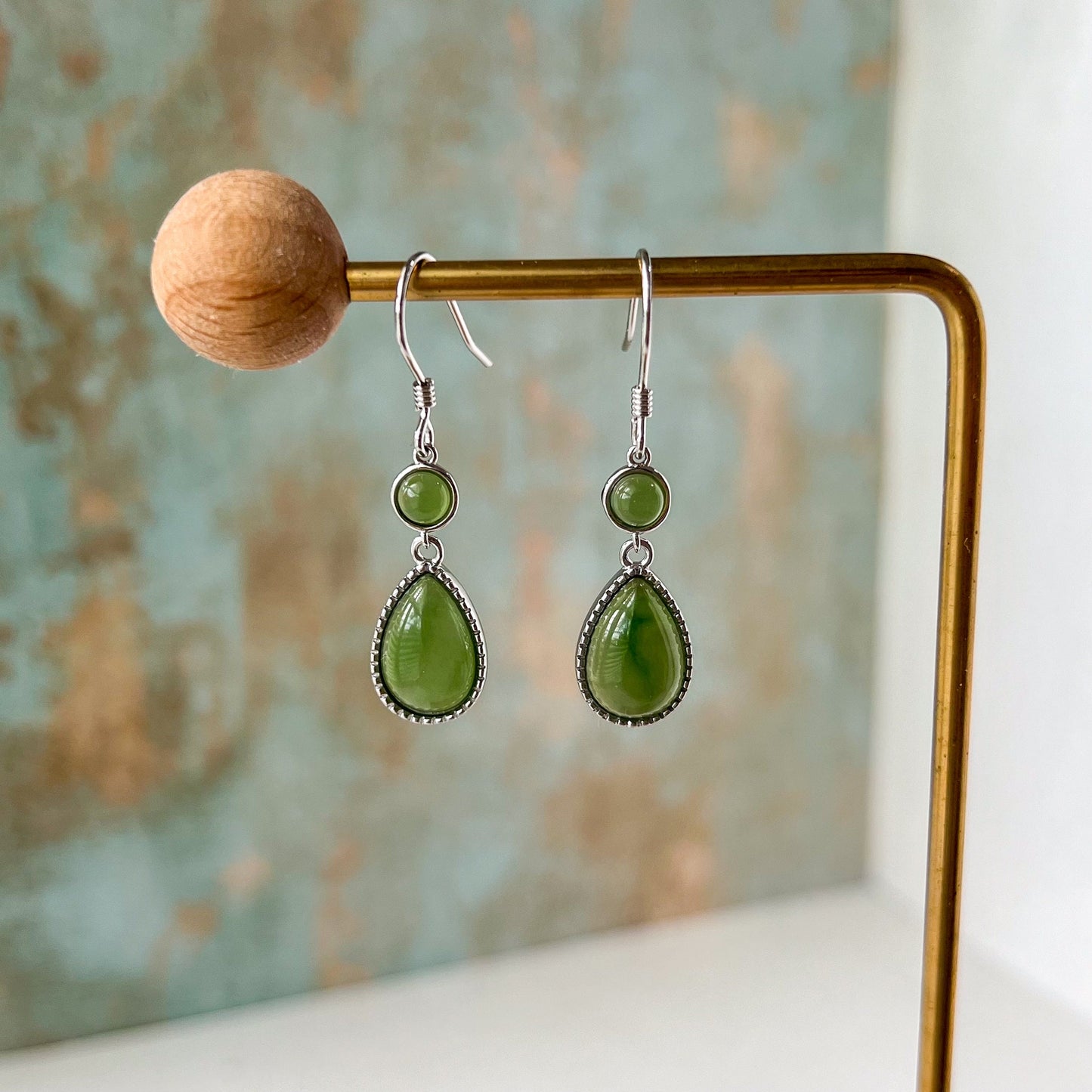 Forest Dew Drop Earrings, Green Nephrite Jade Sterling Silver Earrings, JSY-0424-12101