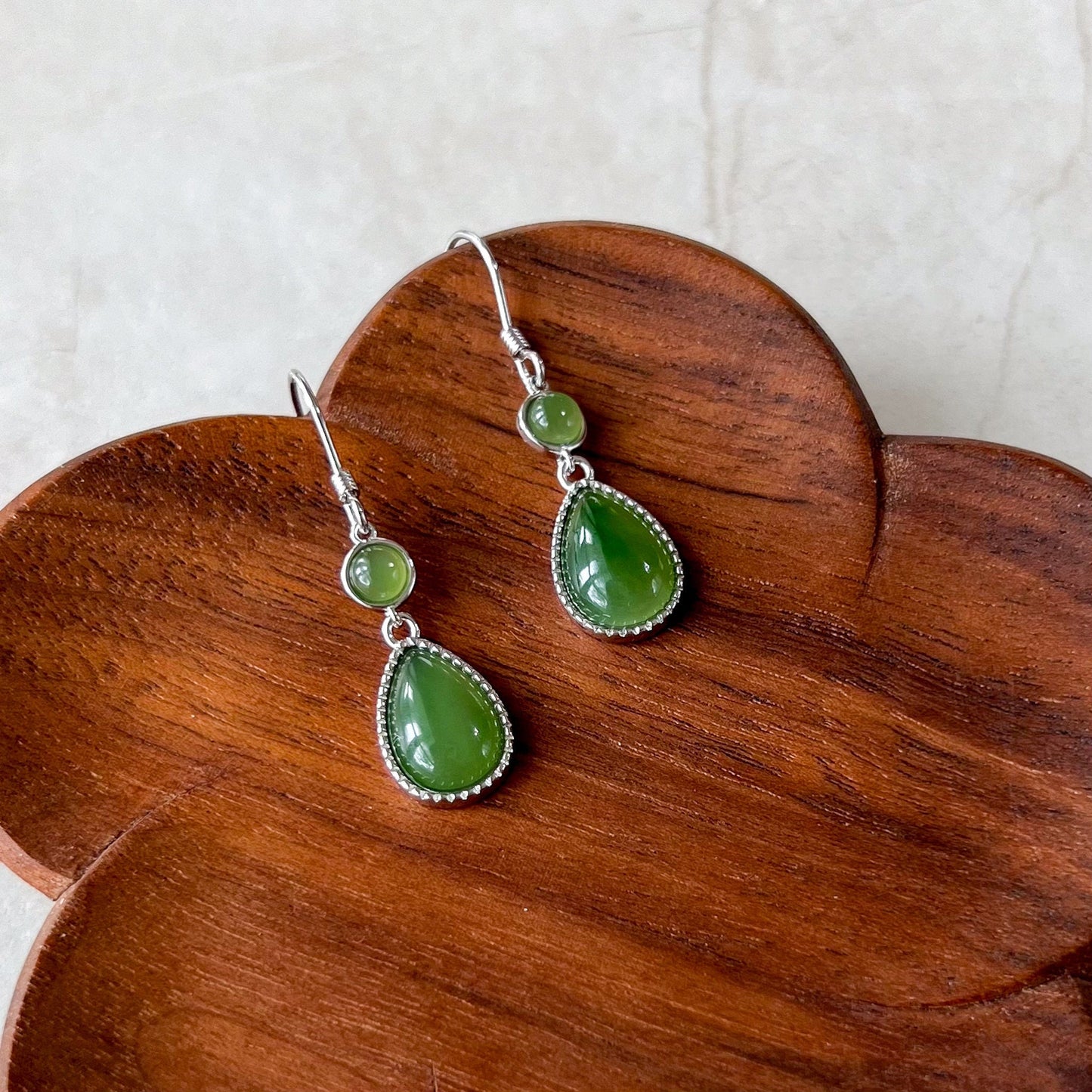 Forest Dew Drop Earrings, Green Nephrite Jade Sterling Silver Earrings, JSY-0424-12101