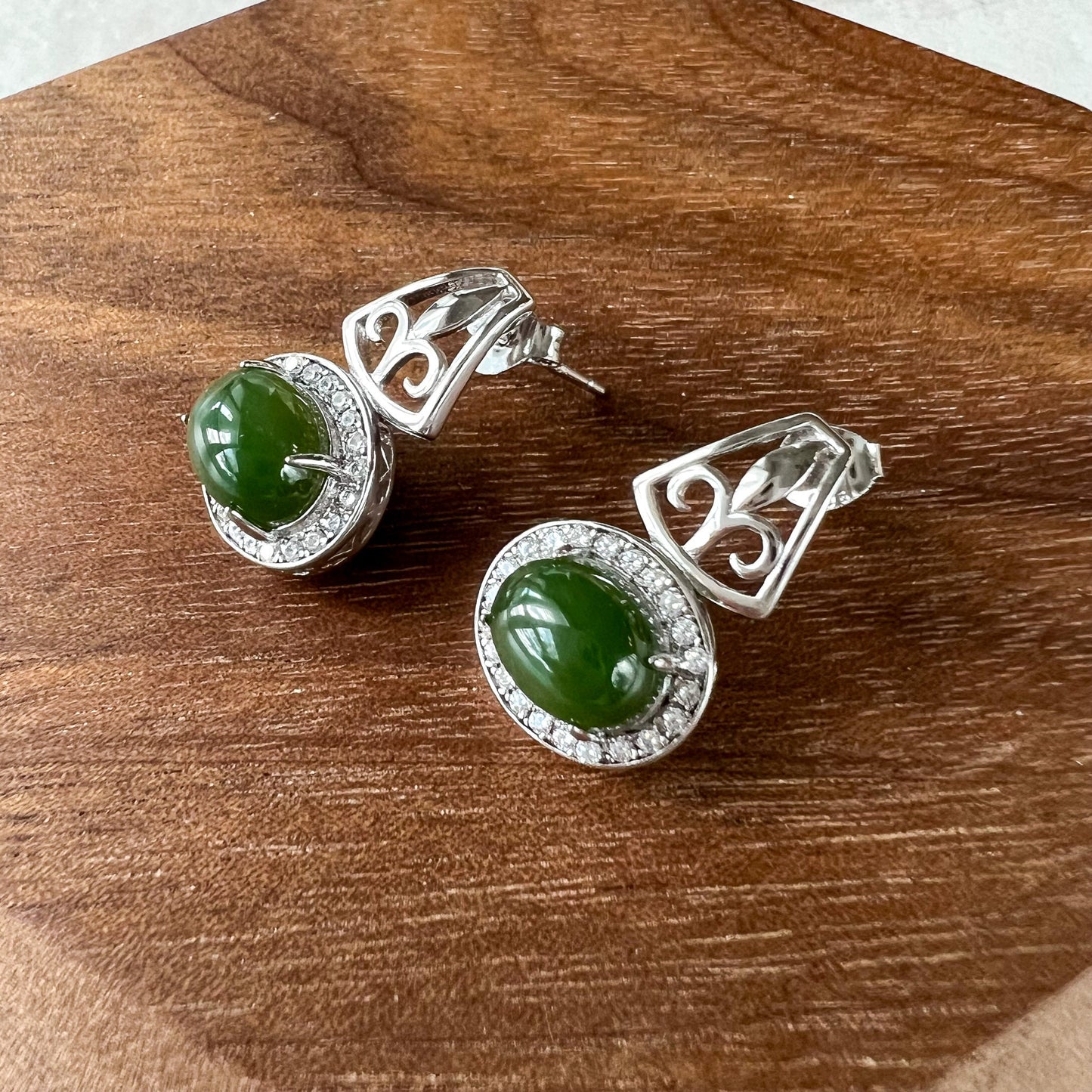 Regal Harmony Jade Earring Studs, Green Nephrite Jade Sterling Silver Earrings, JSY-0424-12089