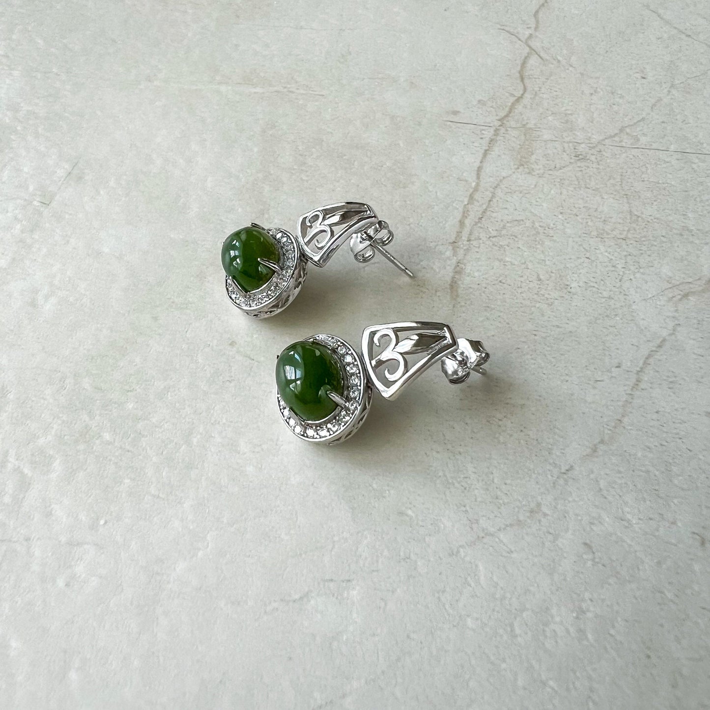 Regal Harmony Jade Earring Studs, Green Nephrite Jade Sterling Silver Earrings, JSY-0424-12089