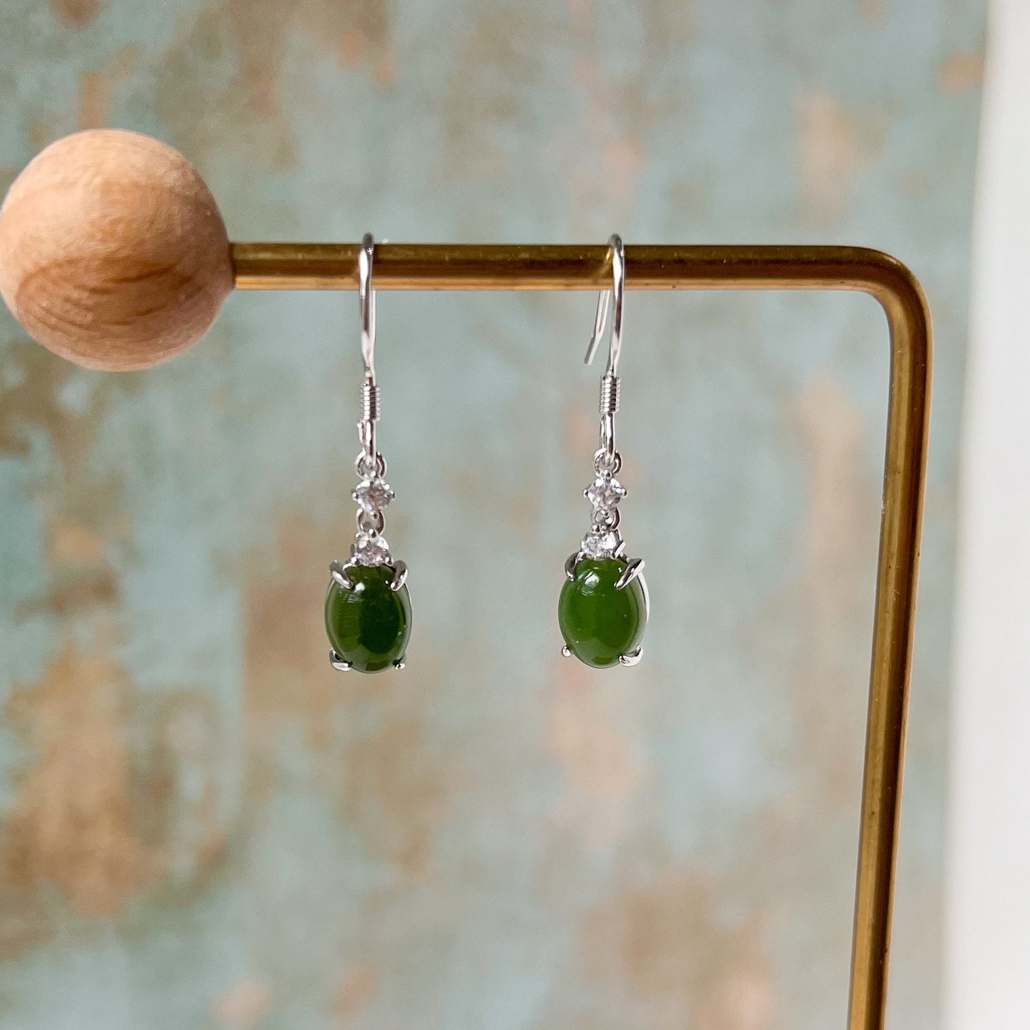 Evergreen Sparkle Jade Earring (Small), Green Nephrite Jade Sterling Silver Earrings, JSY-0424-12088