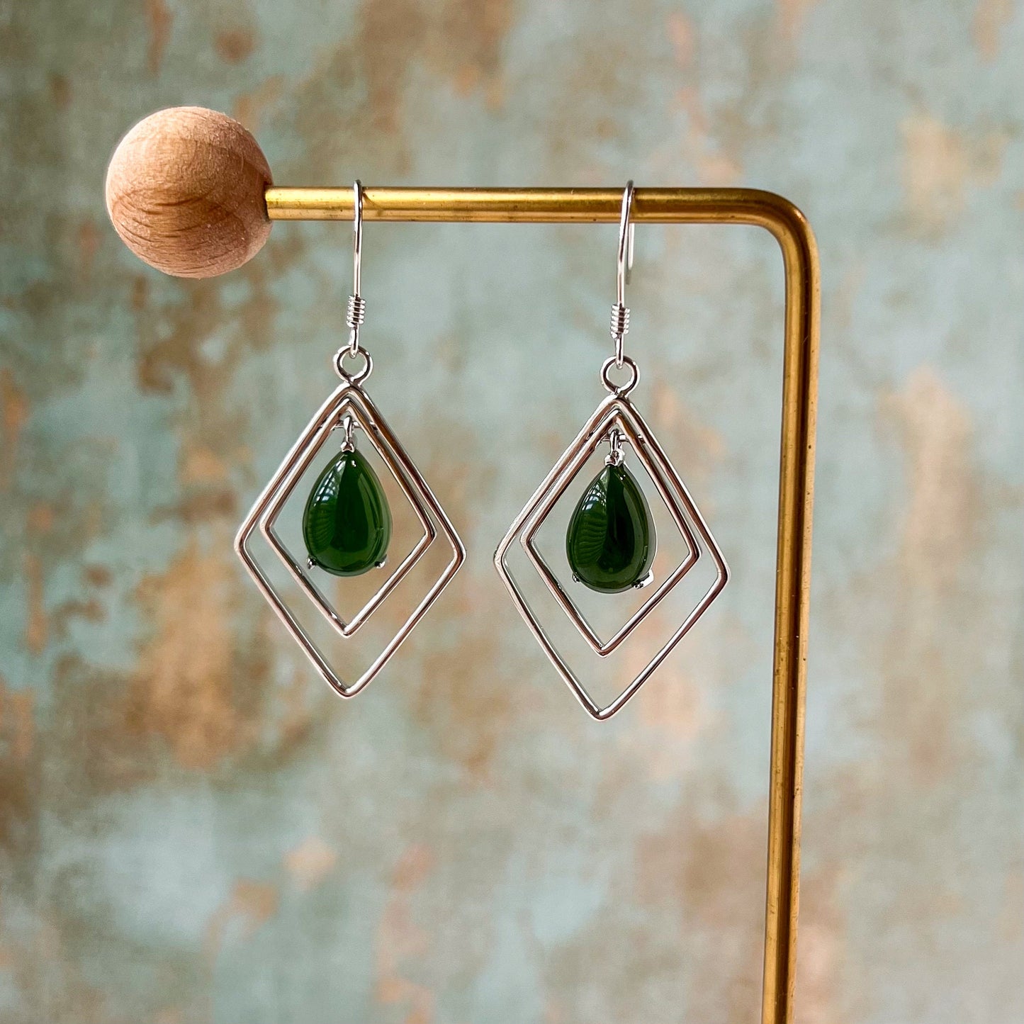 Framed Serenity Jade Earrings, Green Nephrite Jade Sterling Silver Earrings, JSY-0424-12086