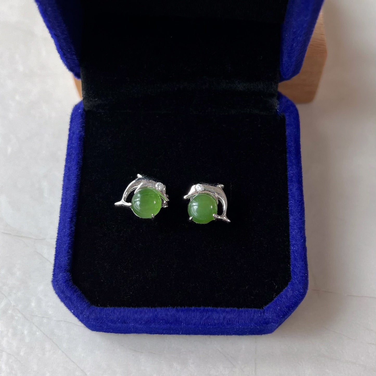 Dolphin Jade Earring Studs, Green Nephrite Jade Sterling Silver Earrings, JSY-0424-12096