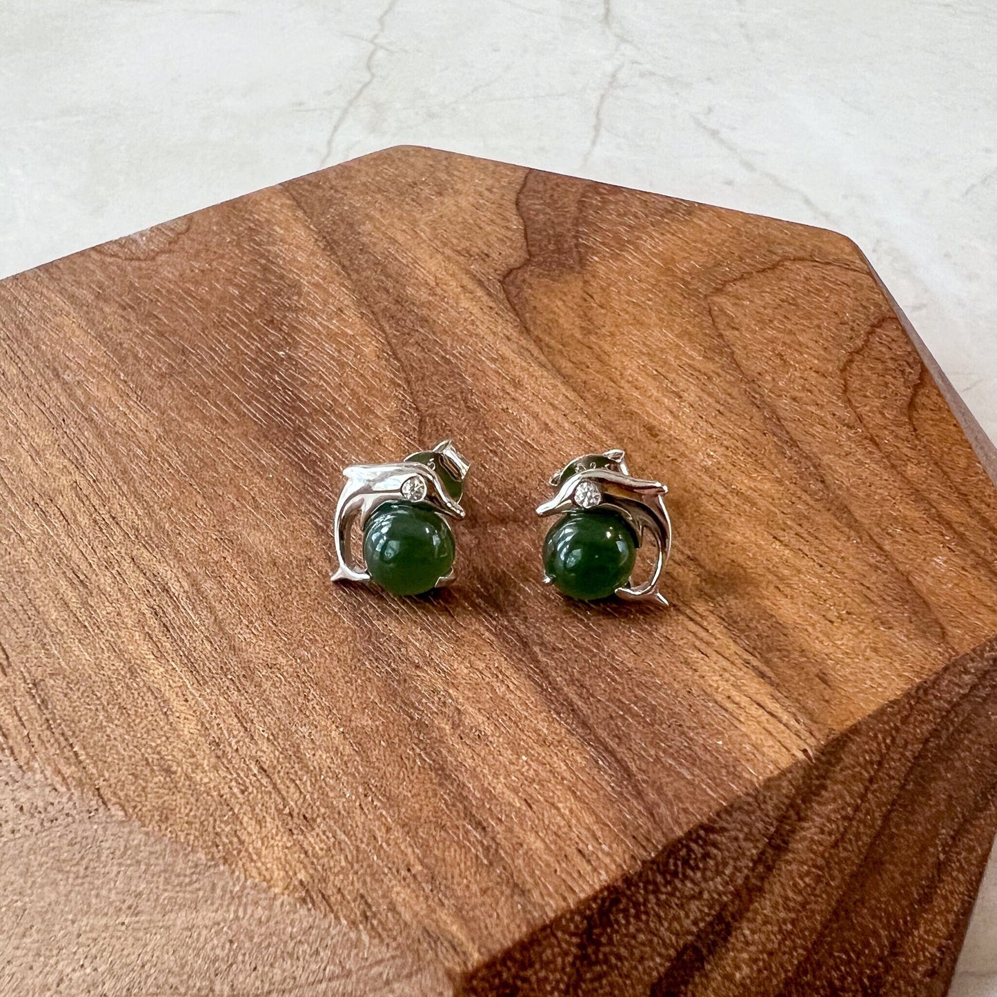 Dolphin Jade Earring Studs, Green Nephrite Jade Sterling Silver Earrings, JSY-0424-12096