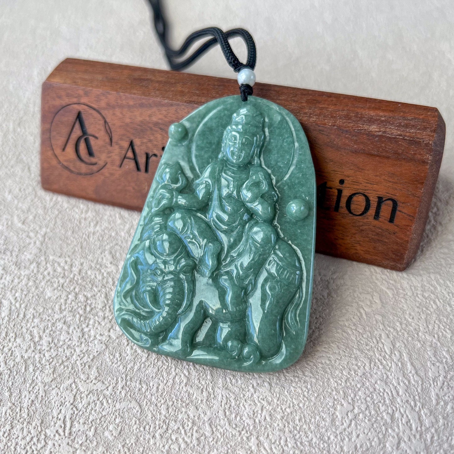 Green Jadeite Jade Samantabhadra Buddha Pendant, Pu Xian, Phổ Hiền Bồ Tát, Buddha with elephant,普贤 Pendant Necklace, YJ-0422-0330258