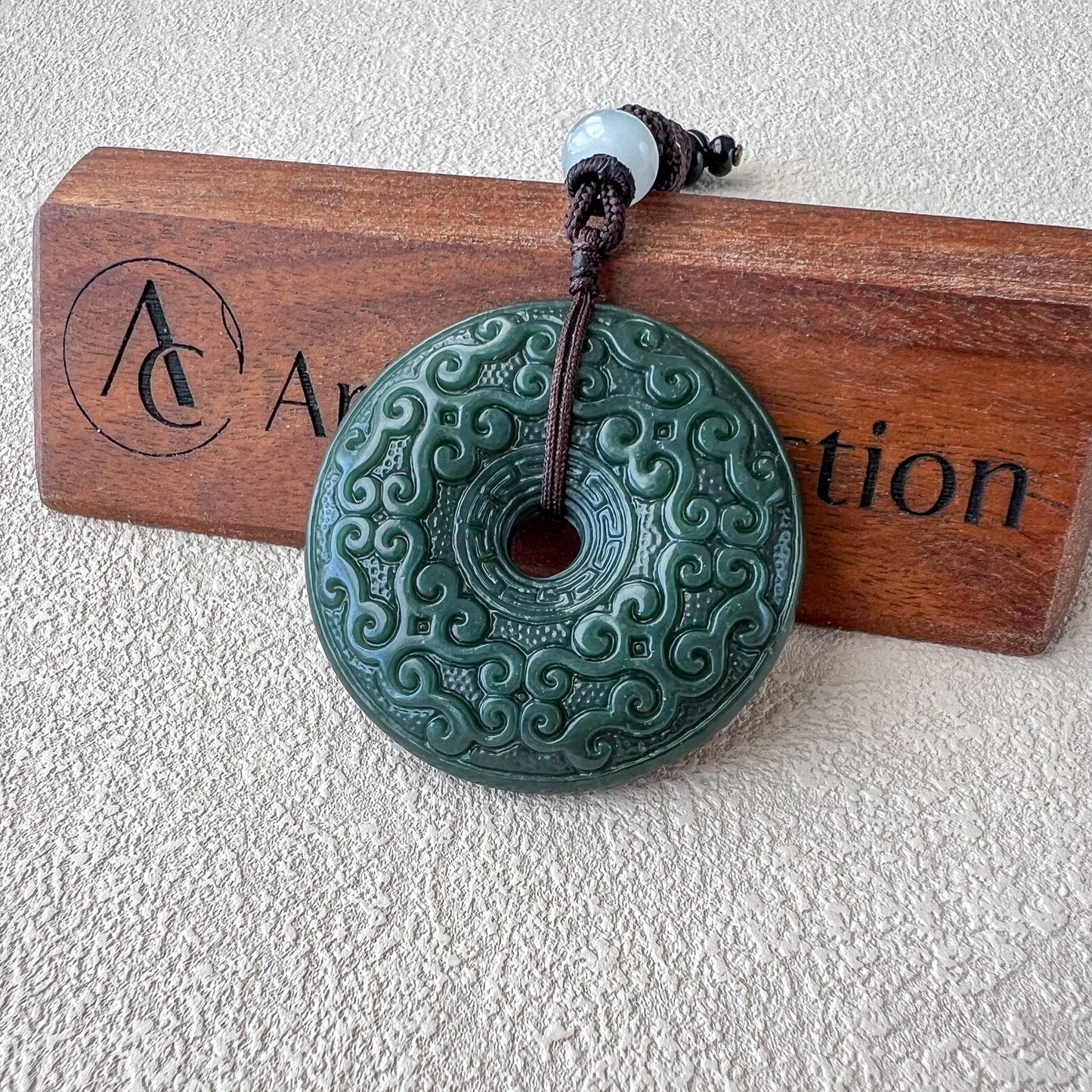 Large Dark Green Nephrite Jade Antique Circle Donut Minimalist Carved Necklace, SY-0722-1718638304