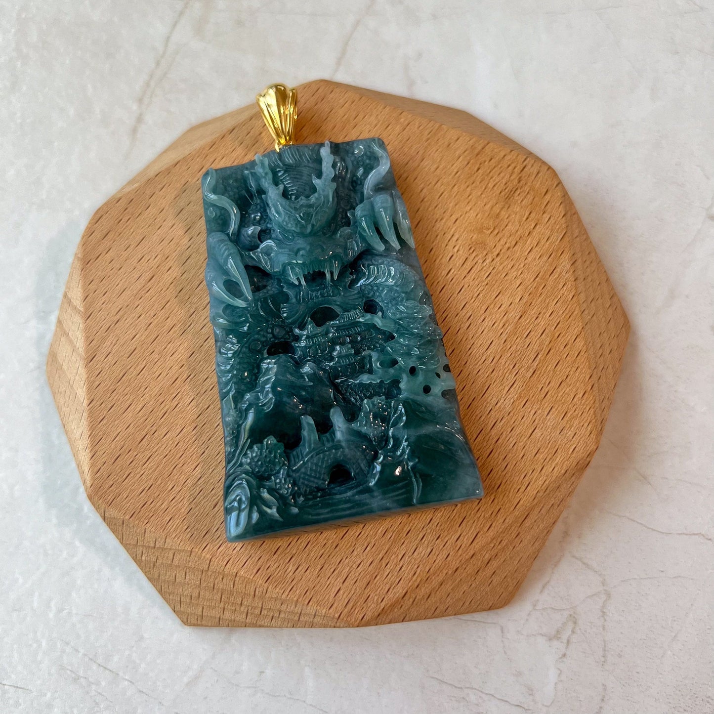 Celestial Dragon Landscape Pendant, Green Jadeite Jade Dragon Hand Carved Pendant with 18K Gold, EAS-0424-1718675081