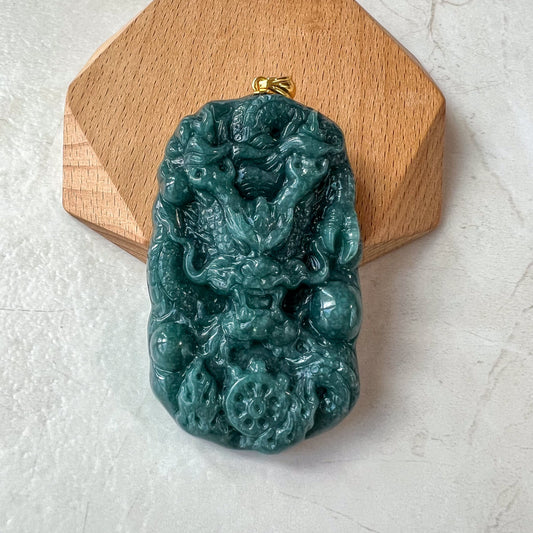 Dragon's Prosperity Jade Pendant, Style 1, Large Green Jadeite Jade Dragon Hand Carved Pendant with 18K Gold, WEN-0424-1720802906