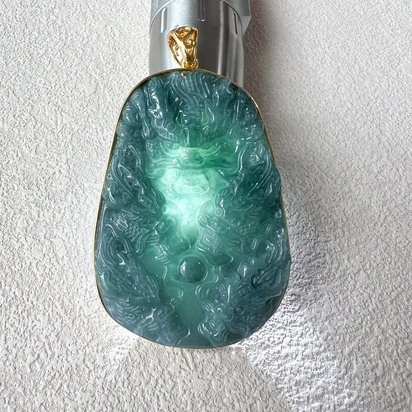 Green 9 Nine Dragon Jadeite Jade with 18K Solid Gold Frame Pendant, Dual Sided Carved Pendant, NVN-0324-1719700165