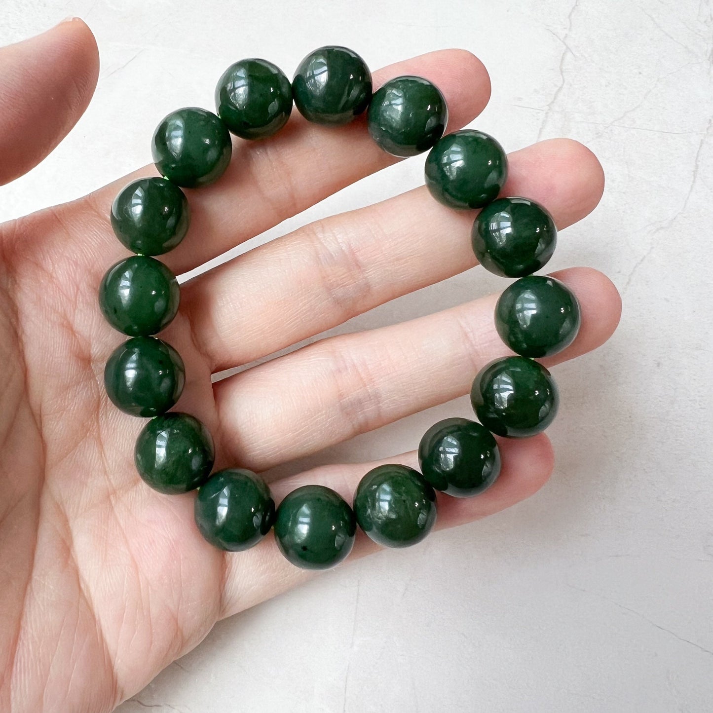 12 mm Green Nephrite Jade Round Beaded Bracelet, JJJ-0322-1719970739