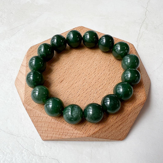 12 mm Green Nephrite Jade Round Beaded Bracelet, JJJ-0322-1719970739