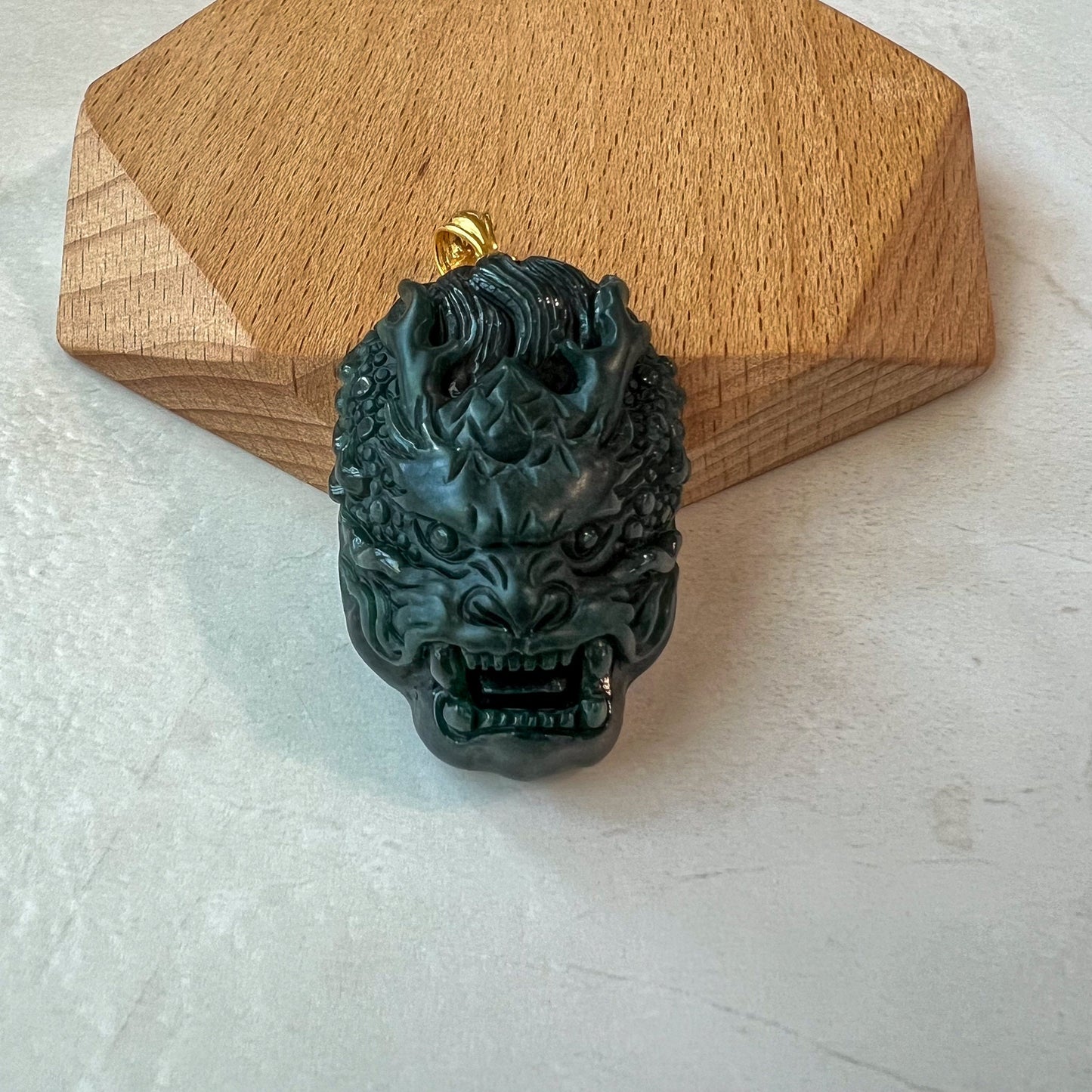 Shadow Dragon Head Pendant, Style 1, Dark Green Dragon Head, Jadeite Jade Hand Carved Pendant with 18K Solid Gold Bail, VIC-0424-1719972537