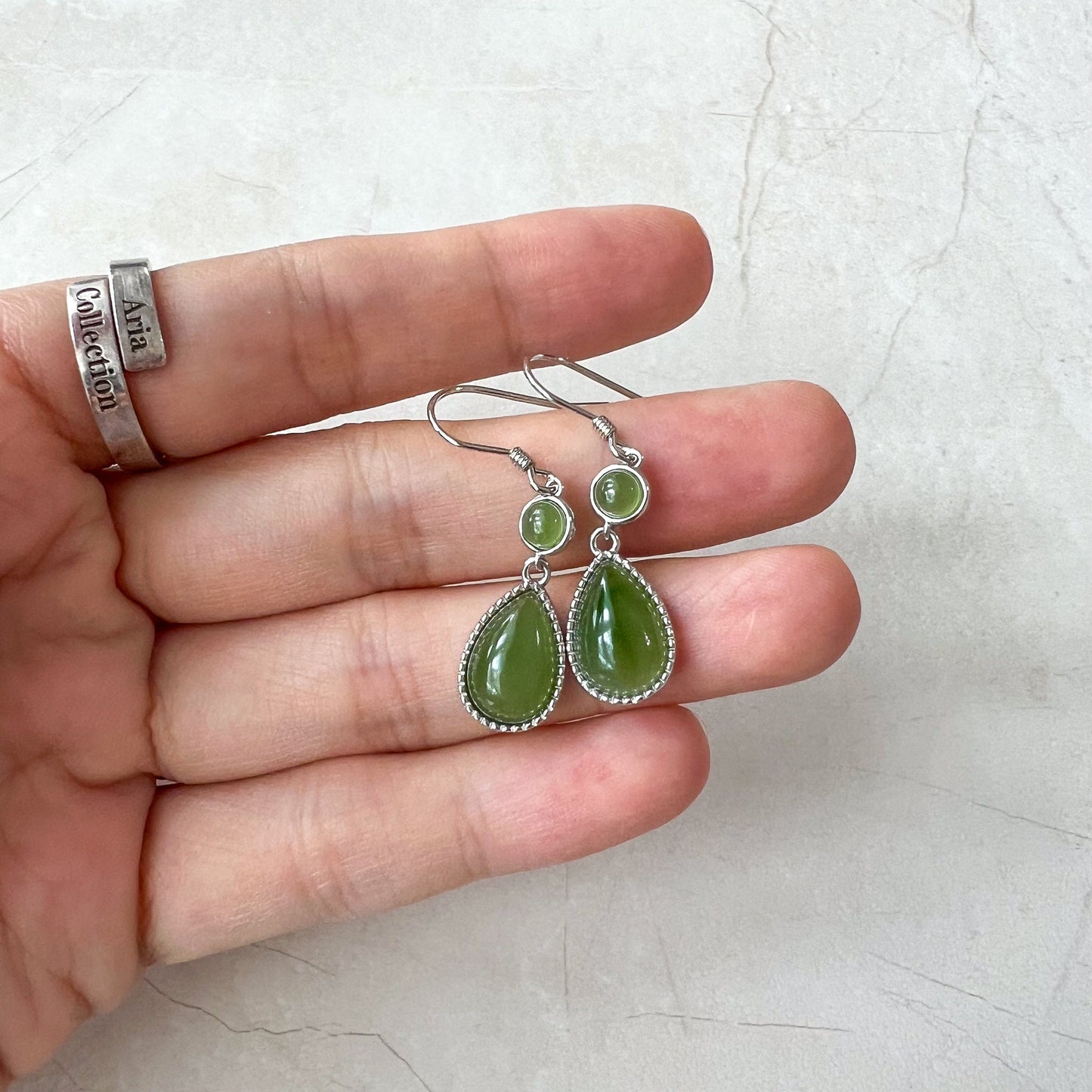 Forest Dew Drop Earrings, Green Nephrite Jade Sterling Silver Earrings, JSY-0424-12101