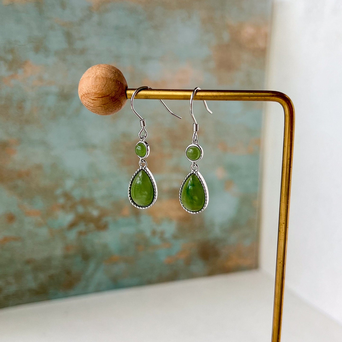 Forest Dew Drop Earrings, Green Nephrite Jade Sterling Silver Earrings, JSY-0424-12101