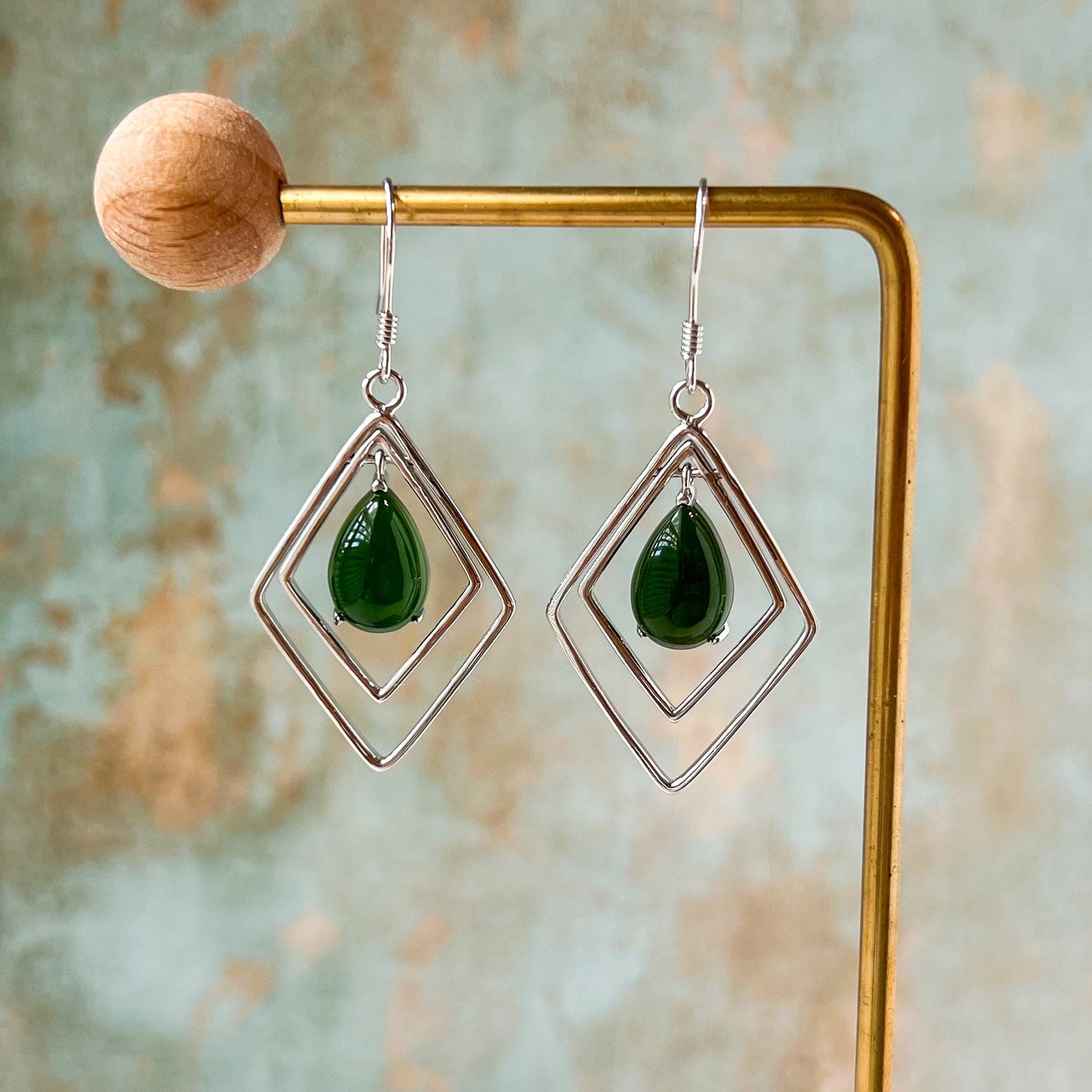 Framed Serenity Jade Earrings, Green Nephrite Jade Sterling Silver Earrings, JSY-0424-12086