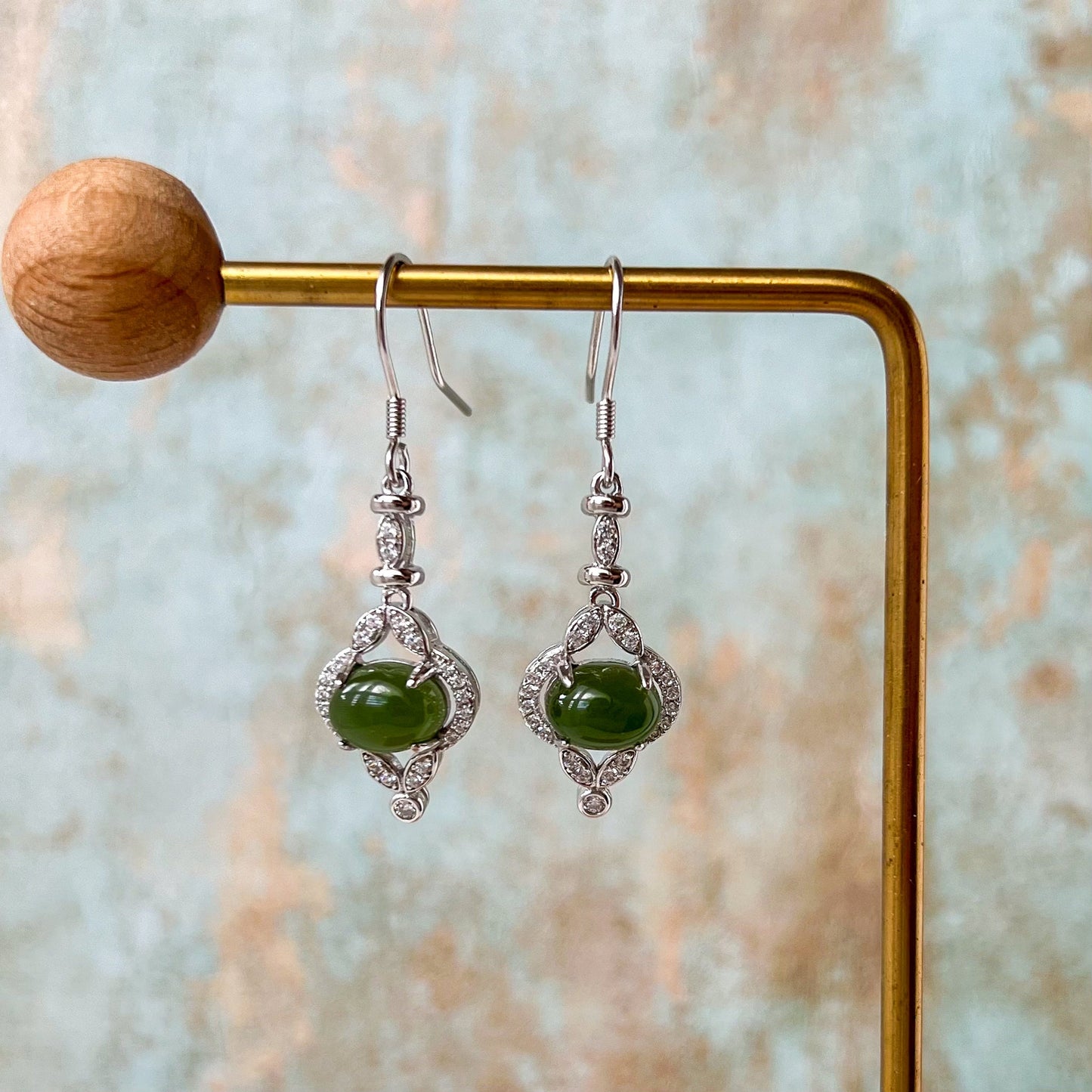 Jade Embrace Earrings, Green Nephrite Jade Sterling Silver Earrings, JSY-0424-12091