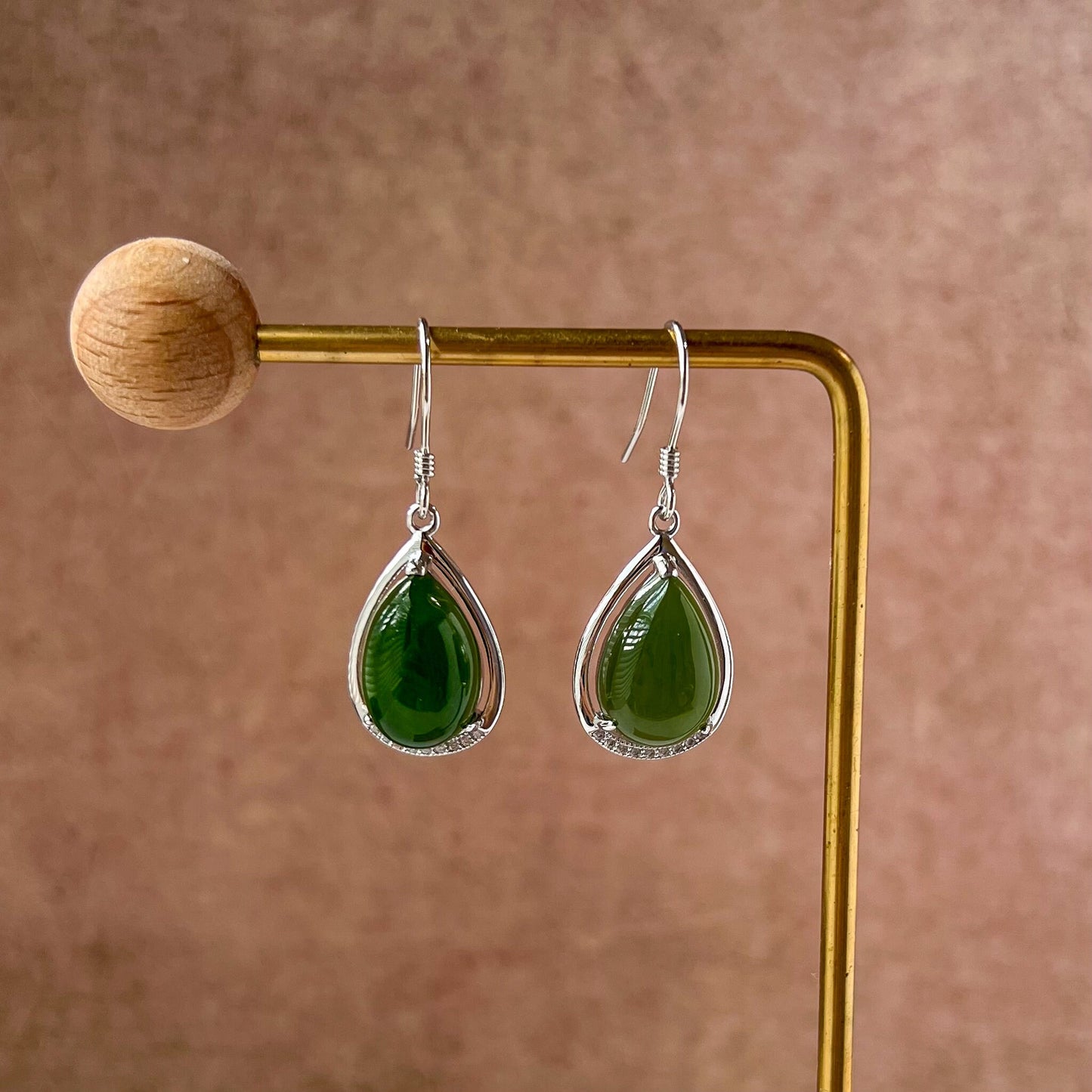 Jade Teardrop Earrings, Green Nephrite Jade Sterling Silver Earrings, JSY-0424-12093