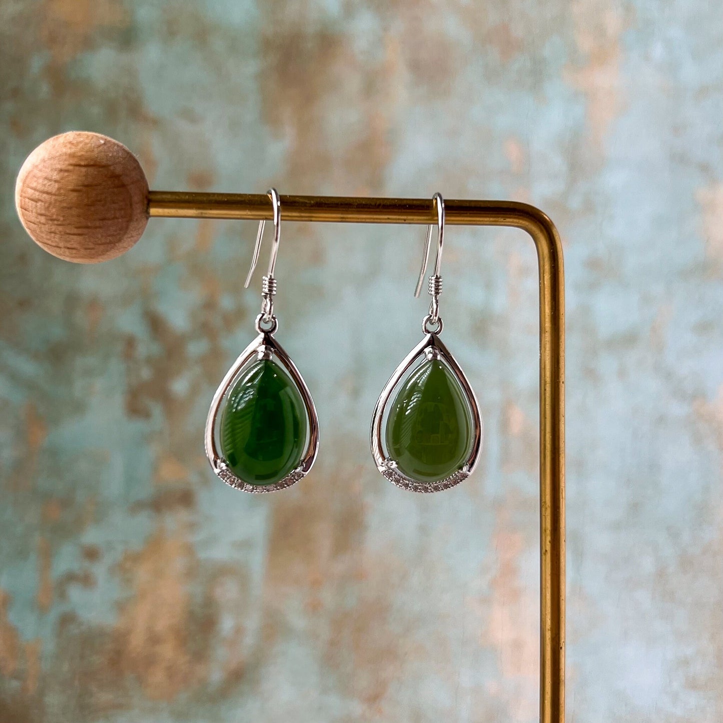 Jade Teardrop Earrings, Green Nephrite Jade Sterling Silver Earrings, JSY-0424-12093