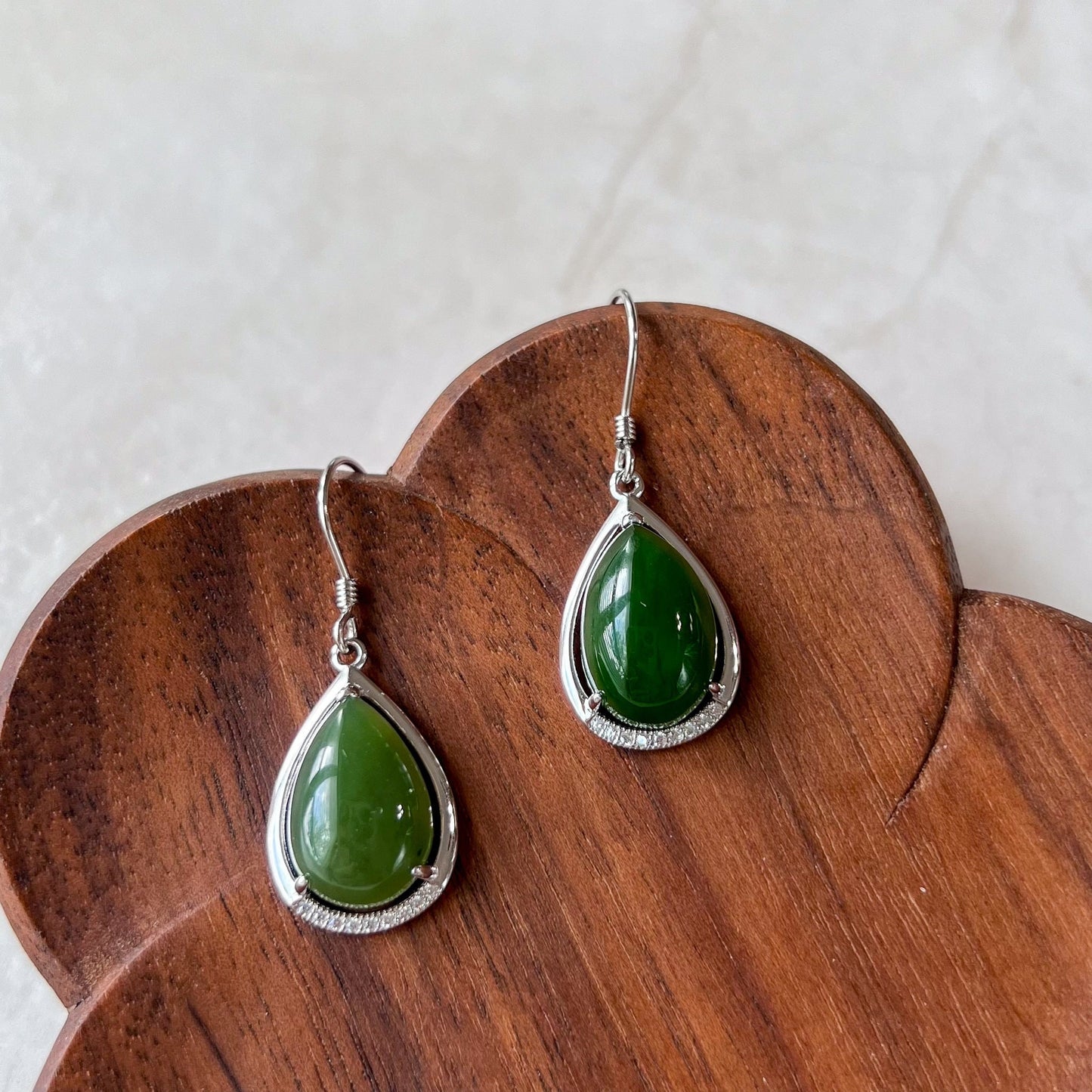 Jade Teardrop Earrings, Green Nephrite Jade Sterling Silver Earrings, JSY-0424-12093