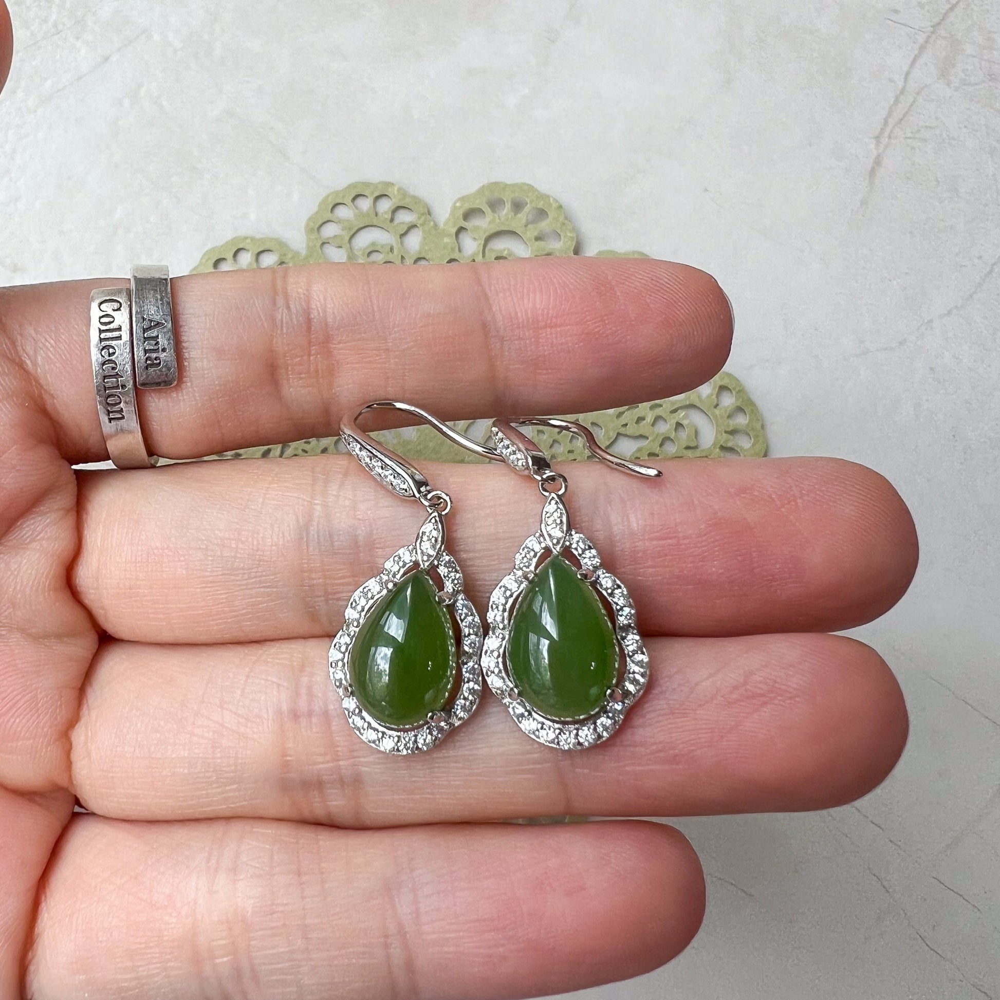 Jade Teardrop Earrings, Green Nephrite Jade Sterling Silver